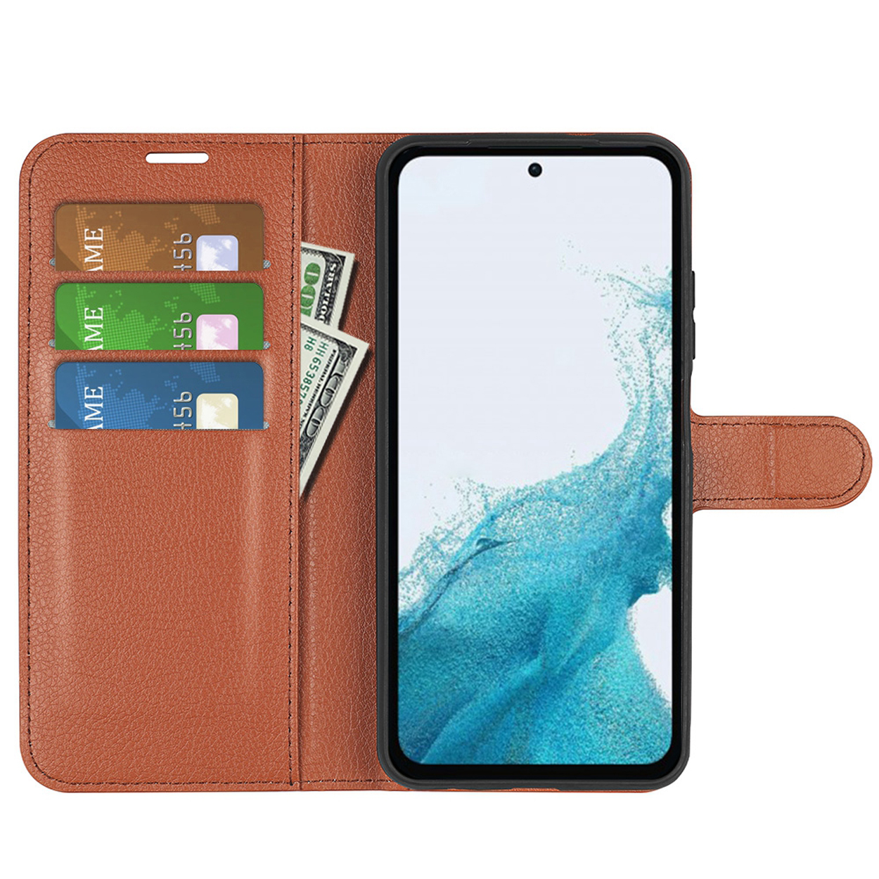 Een open bruine telefoonhoes wordt weergegeven. Kaarten en geld zijn zichtbaar met de telefoon die een blauw scherm toont.