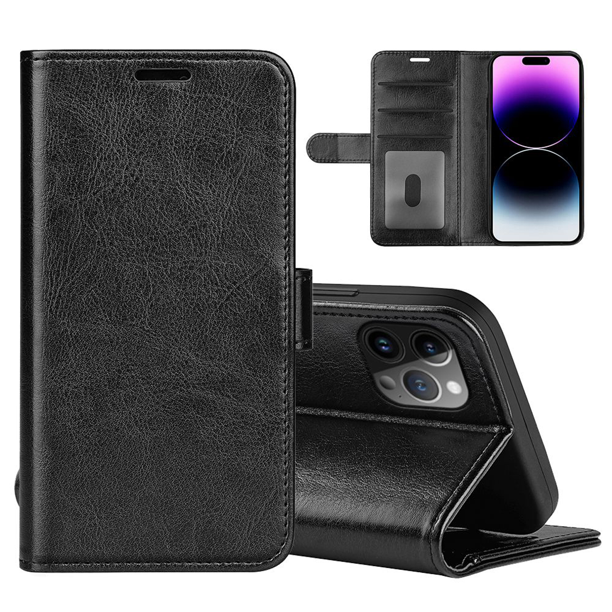 Étui de téléphone en cuir noir, style portefeuille, avec téléphone à l'intérieur. Vues ouvertes et fermées.