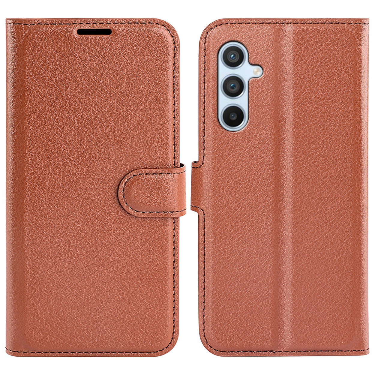 Bruine leren flipcase, open. De telefoon zit erin, met de cover open.