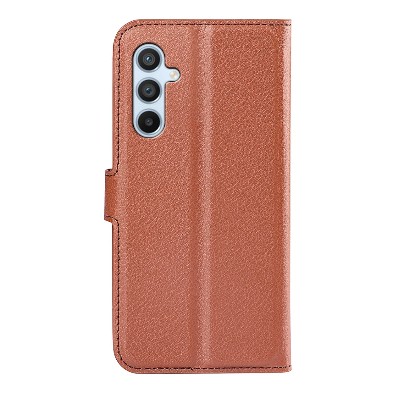 Bruine leren telefoonhoes, gesloten, met camera-uitsparing en magnetische sluiting.