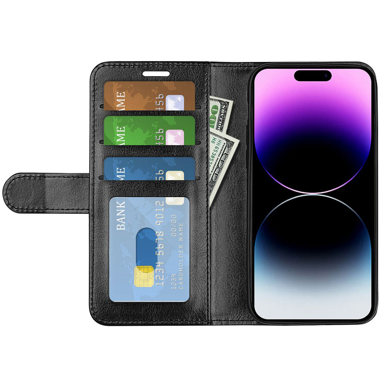 Un portefeuille de téléphone noir ouvert, montrant des cartes et de l'argent. Un téléphone violet est visible à l'intérieur.