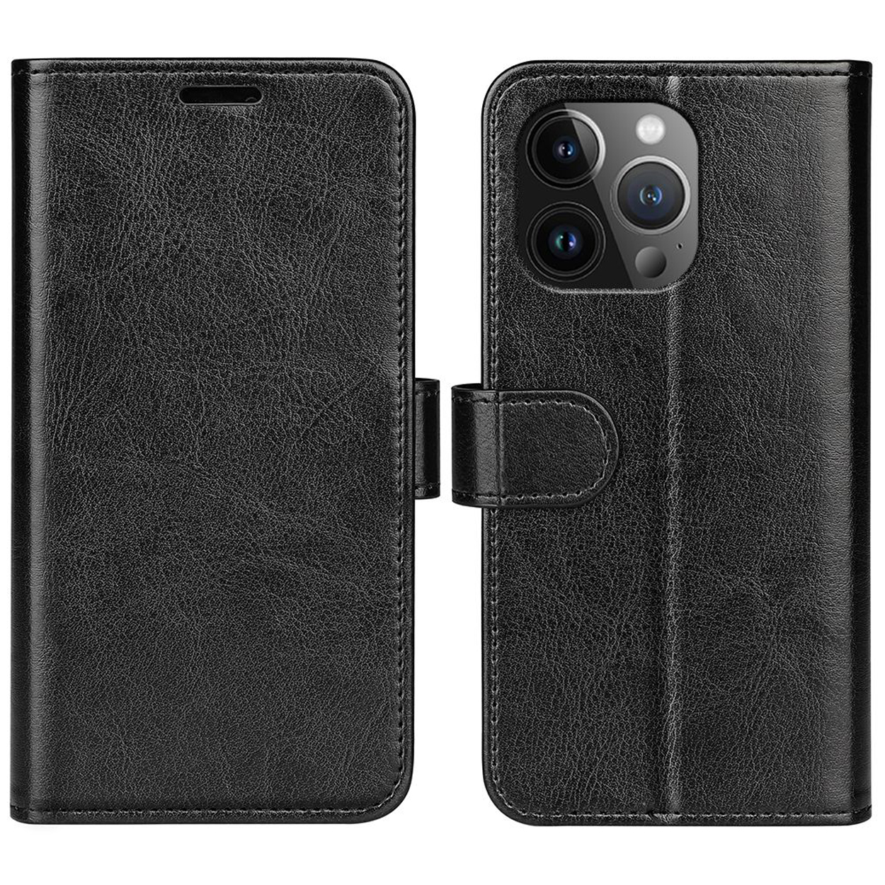 Étui de téléphone en cuir noir, fermé. La caméra du téléphone est visible à l'arrière.