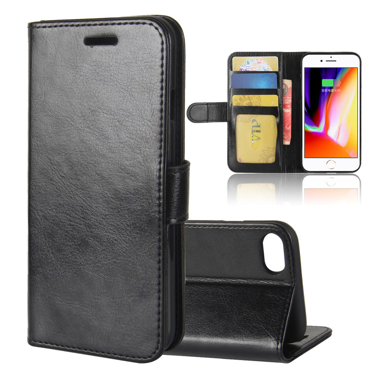 Étui de téléphone noir, ouvert. À l'intérieur, le téléphone affiche un écran de chargement. Cartes.