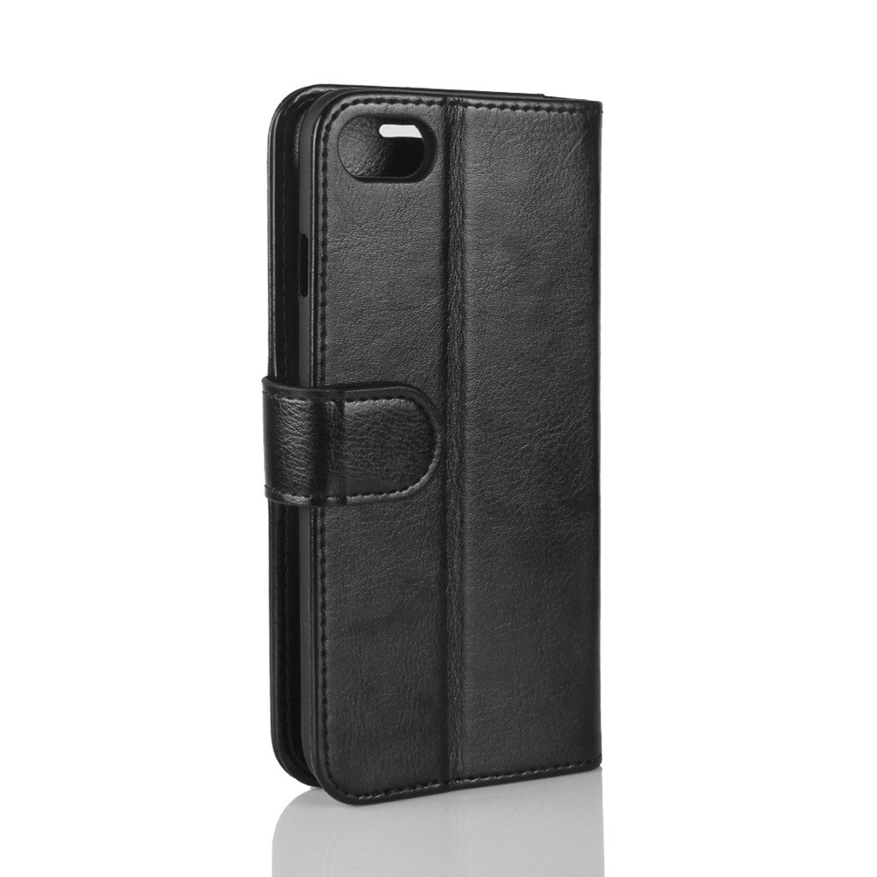 Un étui portefeuille noir pour téléphone. Le portefeuille est fermé et a un fermoir.