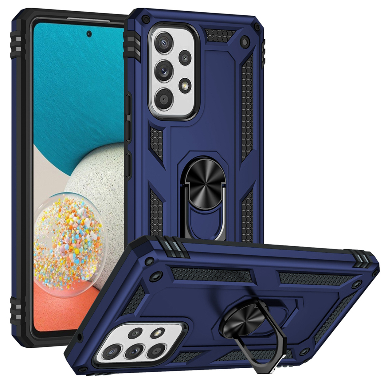Coque bleue avec support à anneau et un téléphone à l'intérieur. Design robuste.