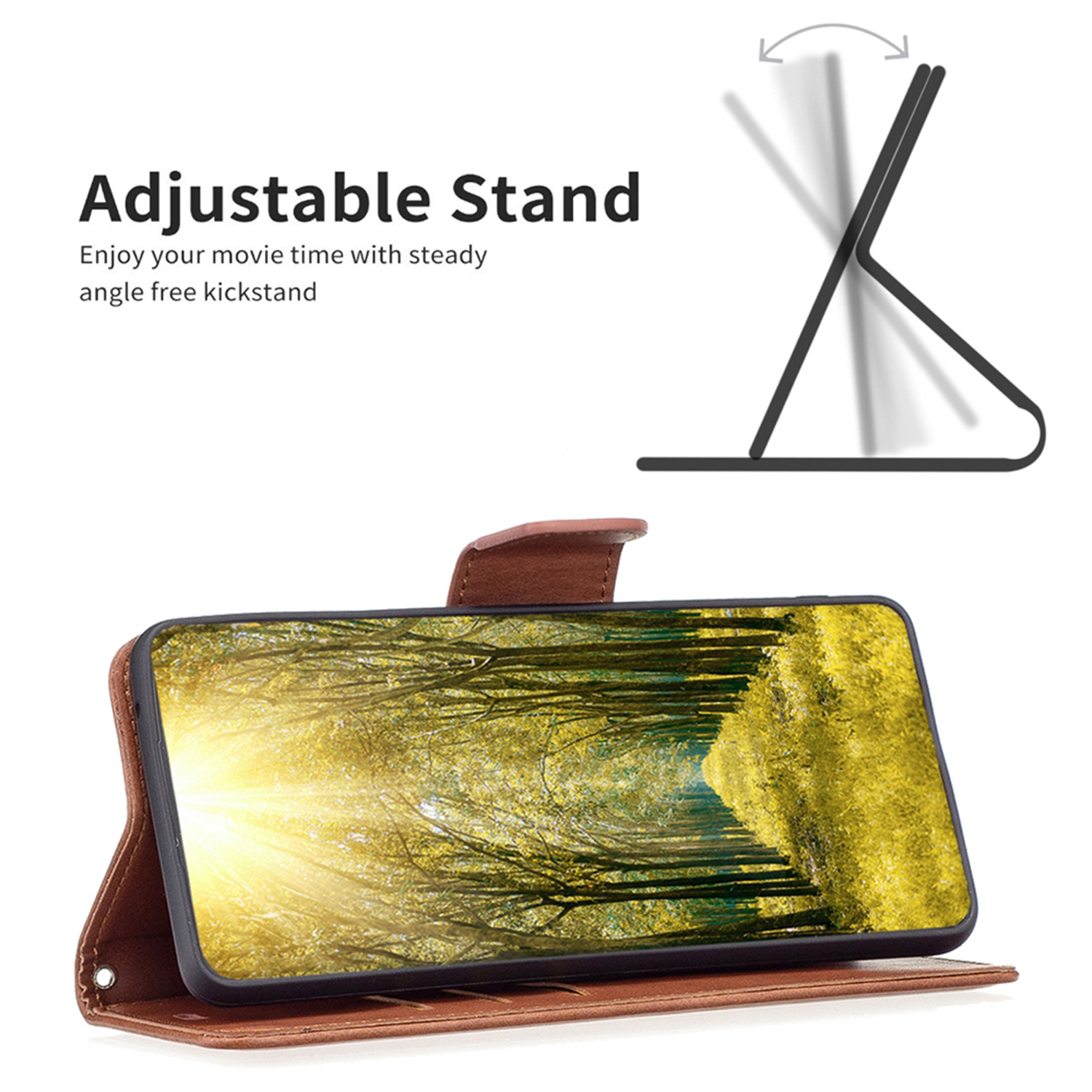 Bruine telefoonhoes met telefoon erin, met een bosafbeelding. De hoes kan als standaard worden gebruikt.
