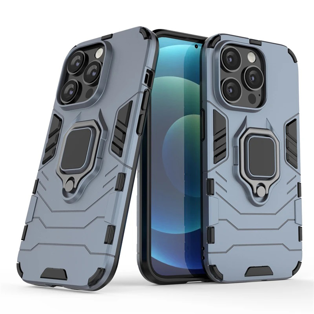 Twee blauwe telefoonhoesjes met een metalen ring. Een telefoon zit in één, met een scherm.