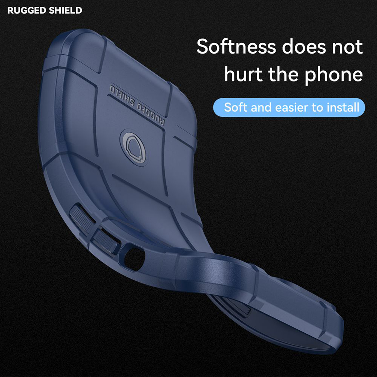 Une coque de téléphone bleue avec le texte 'La douceur n'endommage pas le téléphone'. La coque est courbée.