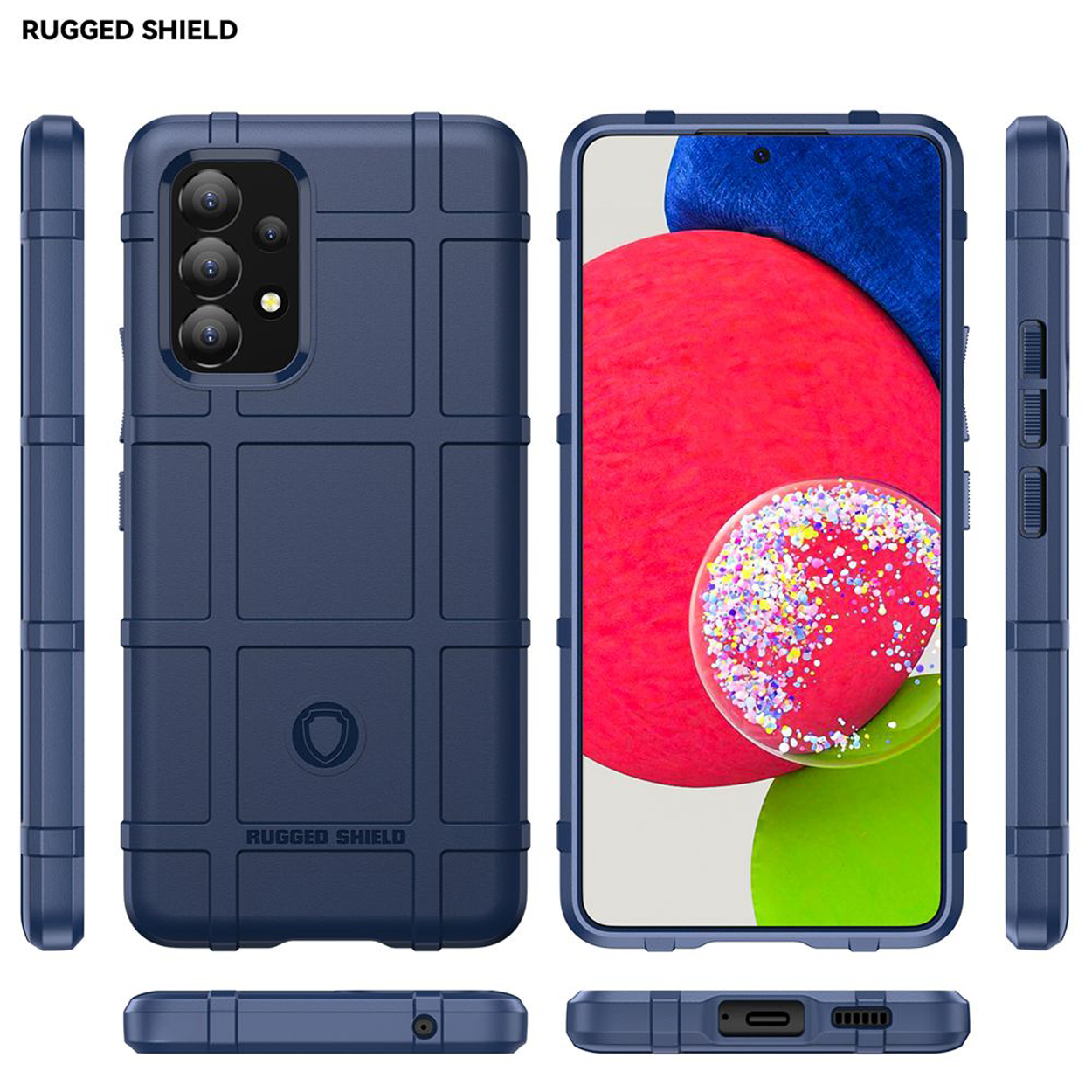 Coque de protection robuste bleue, téléphone dans l'étui, plusieurs angles montrés.
