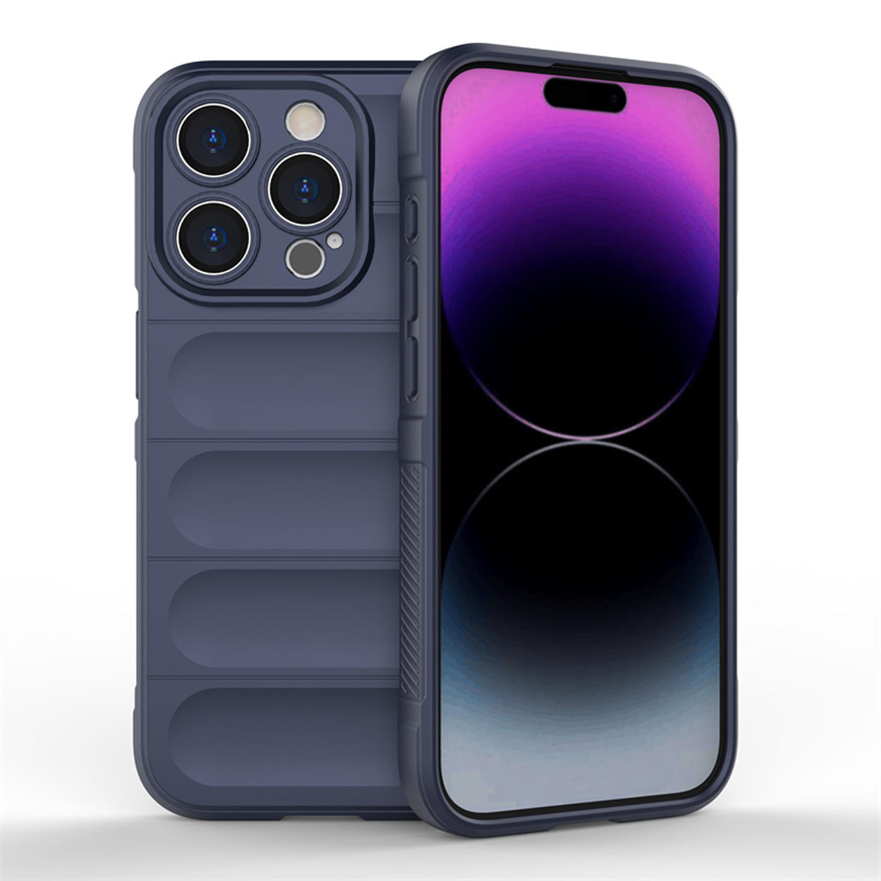 Coque de téléphone bleue avec bosses de caméra à l'arrière. Un téléphone à l'intérieur, affichant violet.