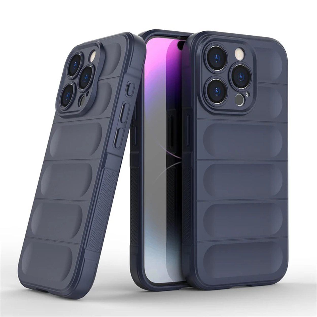 Deux coques de téléphone bleu marine. L'une a un téléphone inséré. Les deux ont un design texturé, sur fond blanc.