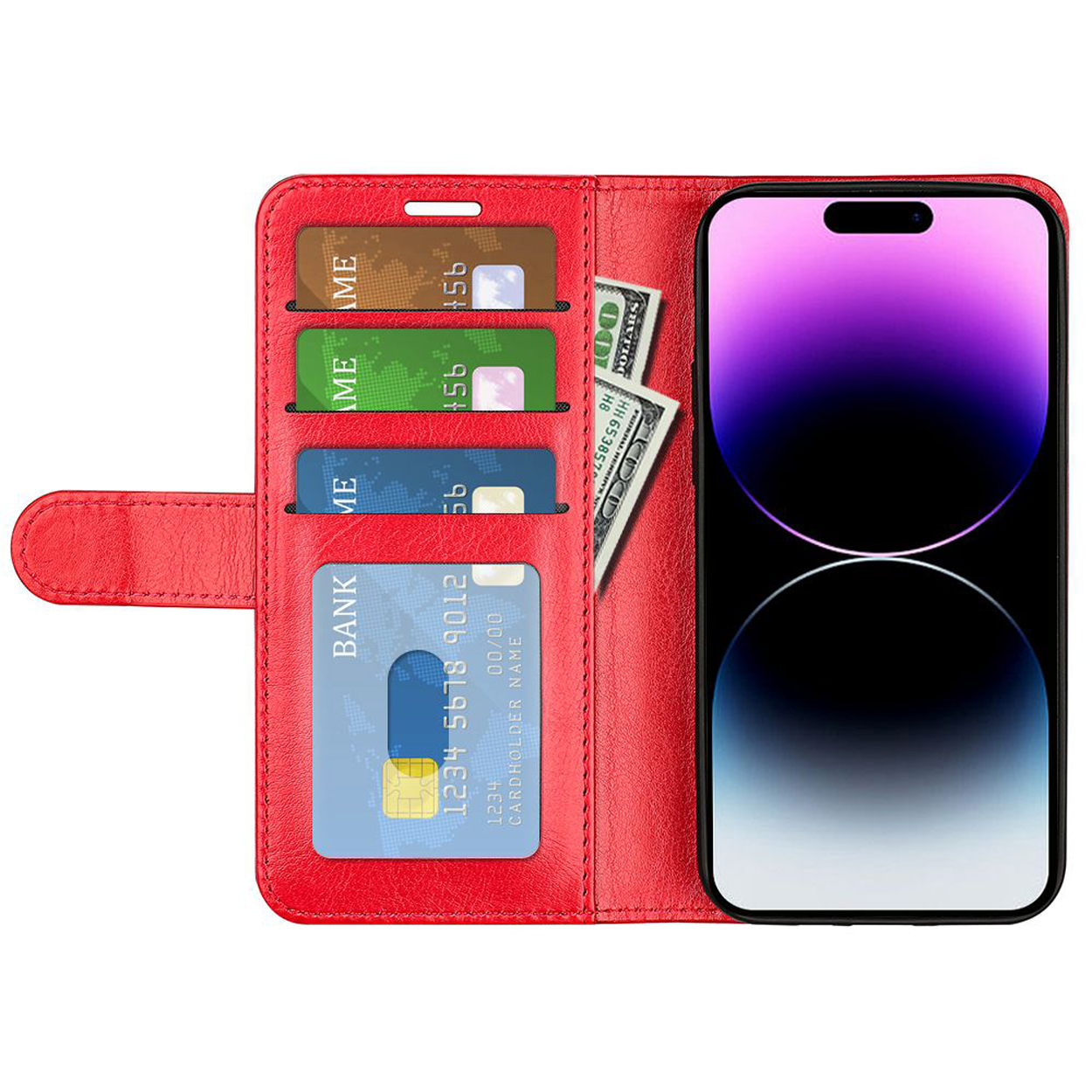 Un étui de téléphone rouge avec un téléphone, des cartes et de l'argent.