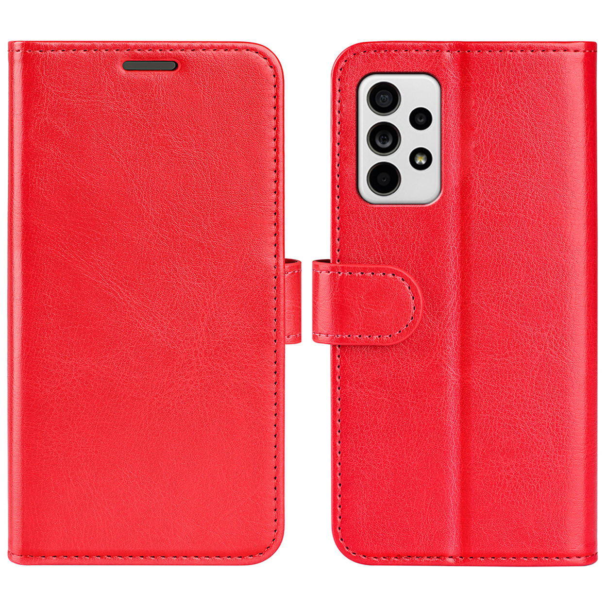 Rode telefoonhoes, gesloten. De cover is links. De achterkant rechts. Er is een knop.
