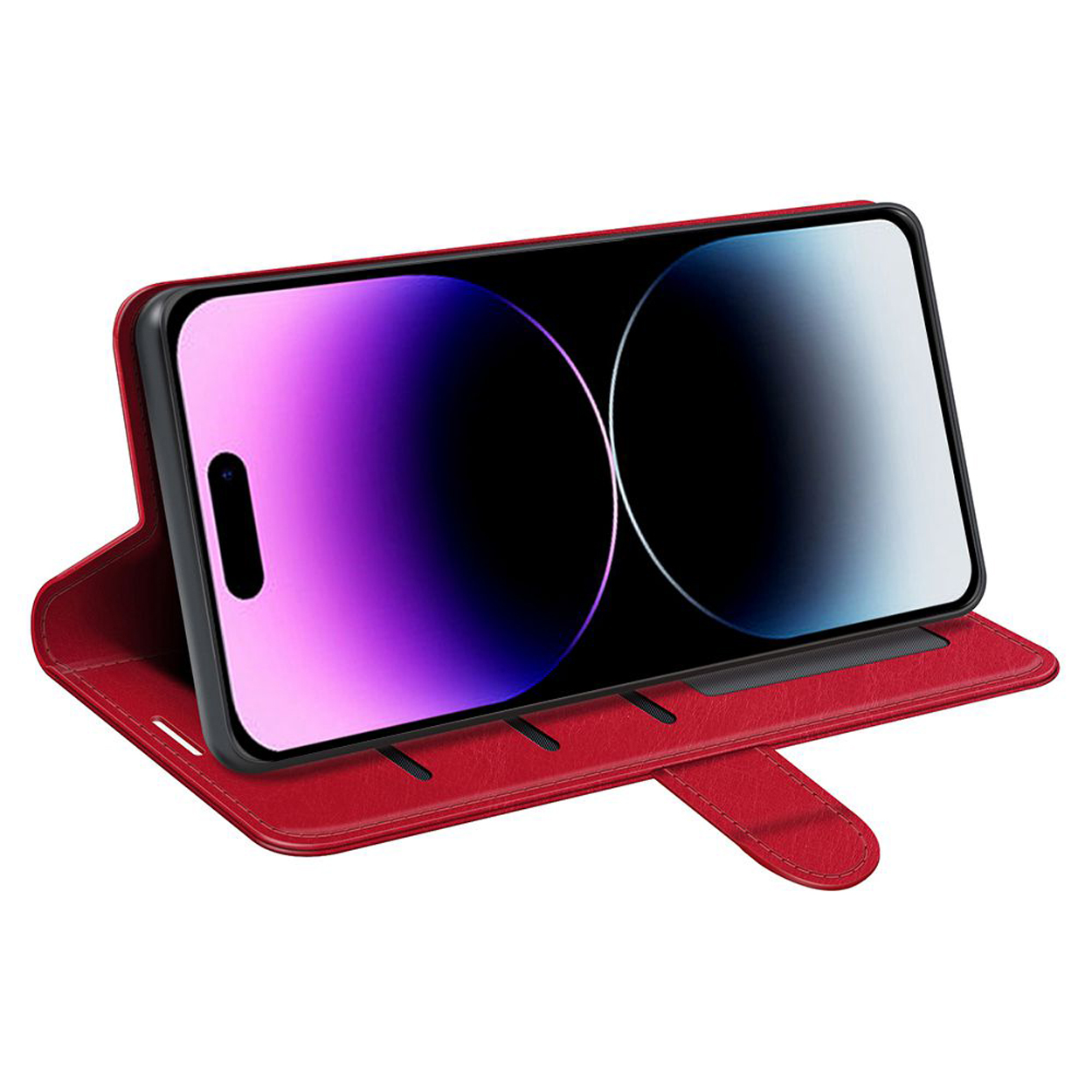 Étui folio rouge pour téléphone, ouvert pour afficher l'écran. L'écran affiche un dégradé violet et blanc.