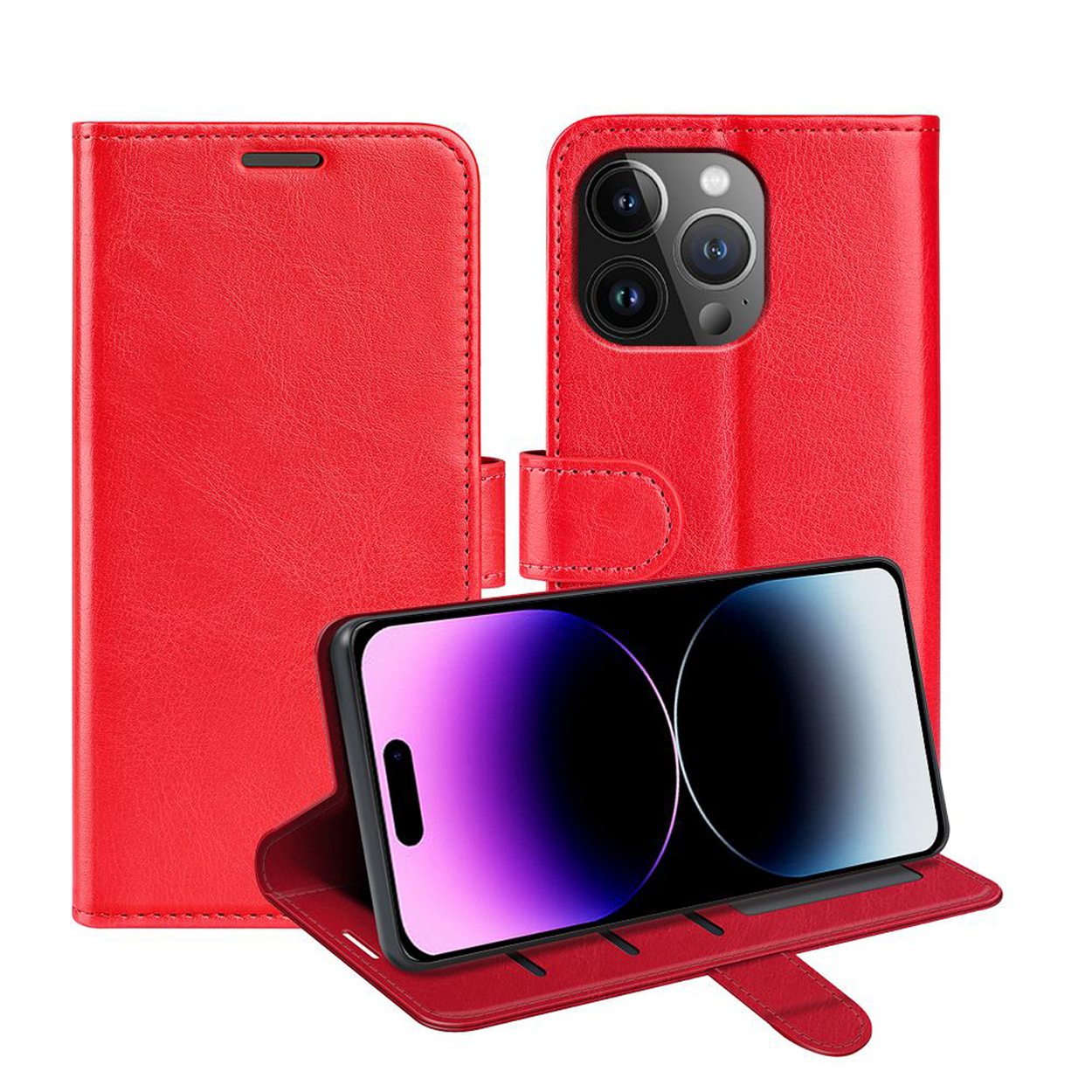 Étui de téléphone en cuir rouge, ouvert avec le téléphone. La caméra est visible à l'arrière.