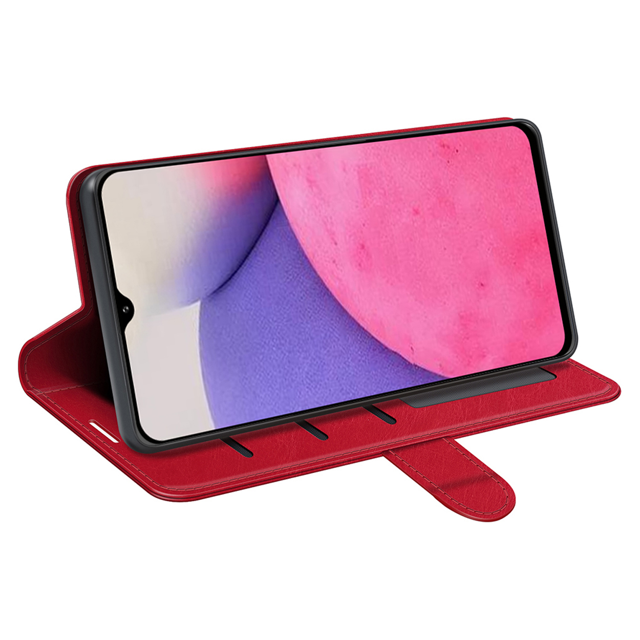 Rode telefoonhoes met telefoon erin, toont een roze en rode gradiënt.