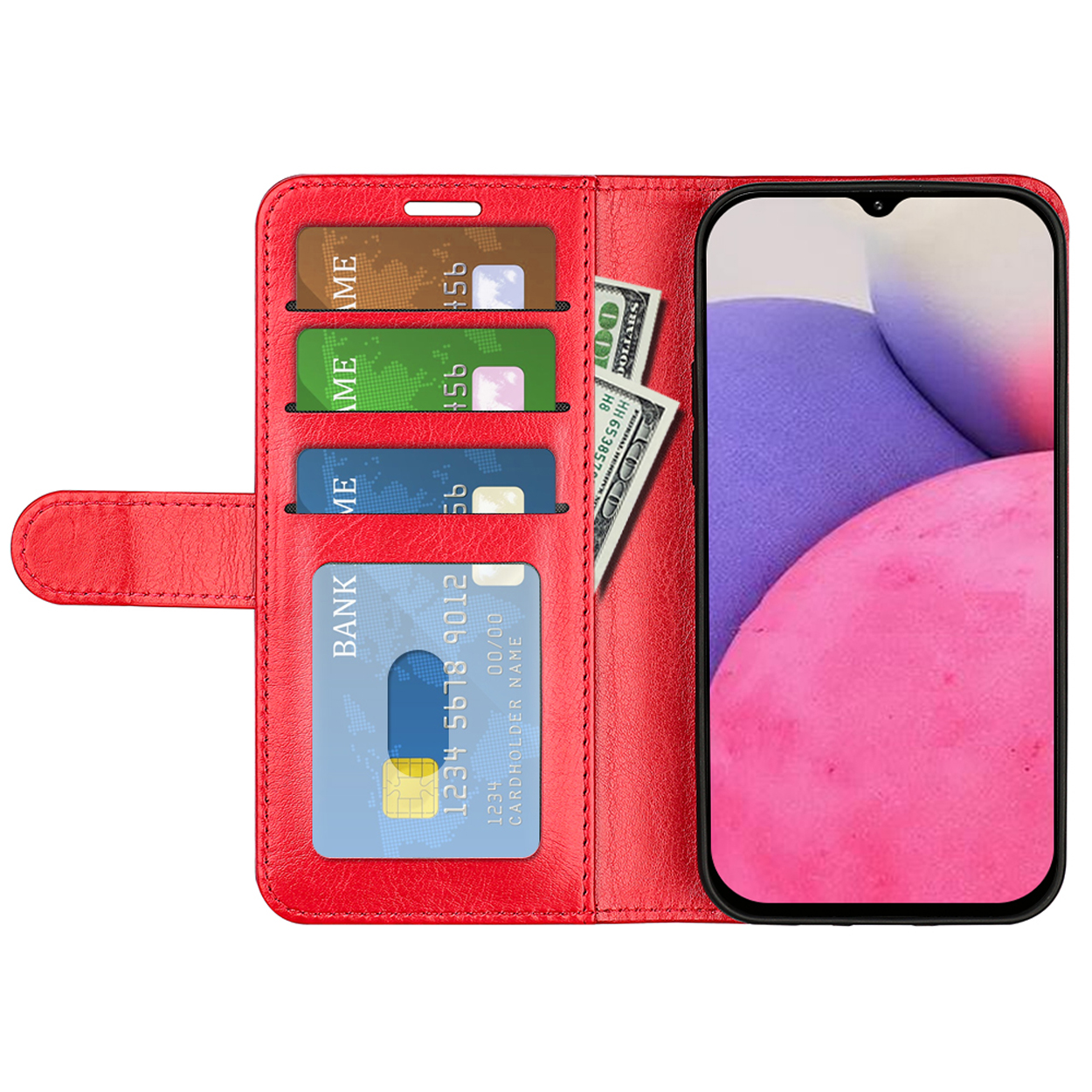 Rood telefoonhoesje met telefoon. Hoesje met kaarten en geld in de gleuf en telefoon aan.