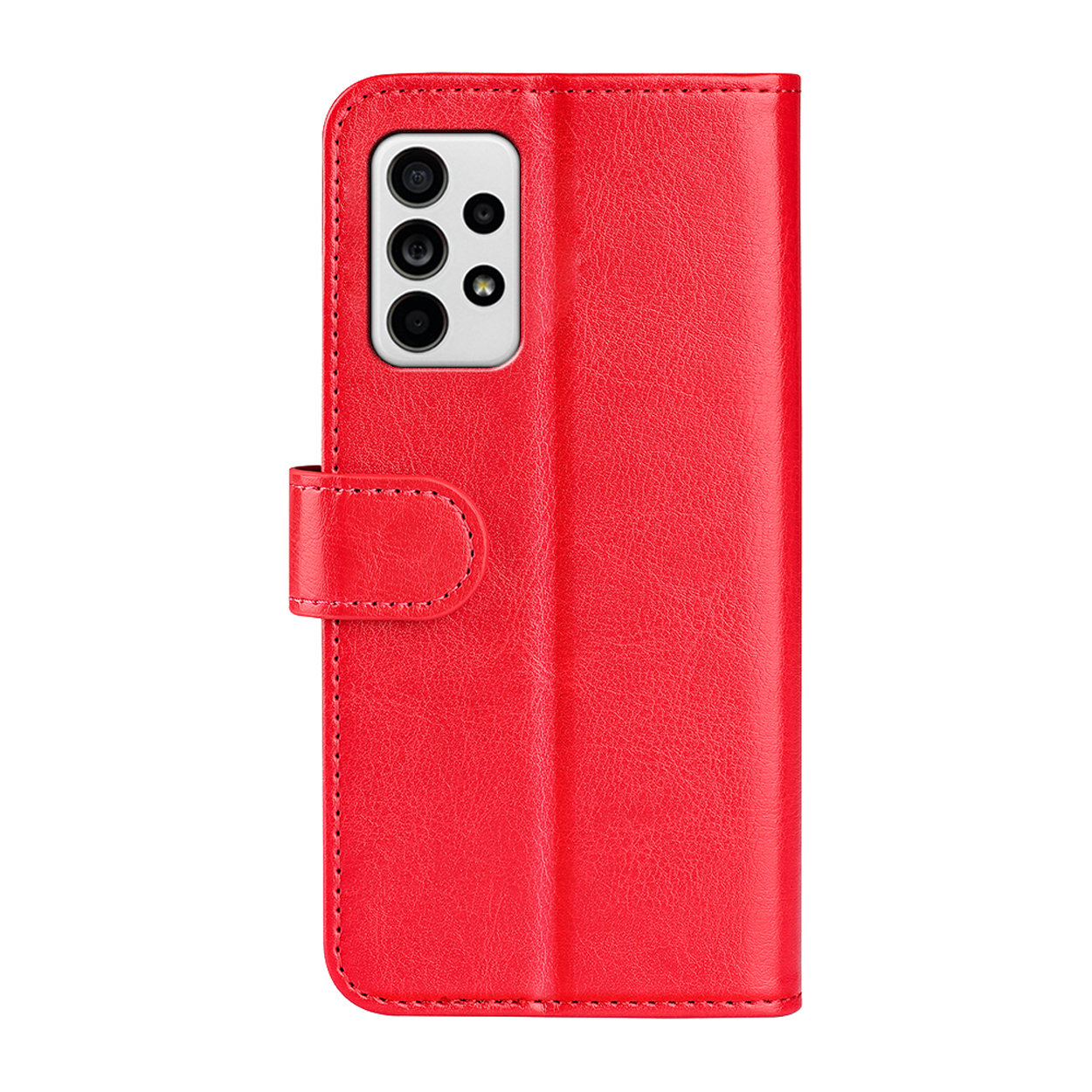 Rode telefoonhoes met magnetische sluiting, ontworpen voor een telefoon met meerdere camera's achteraan.