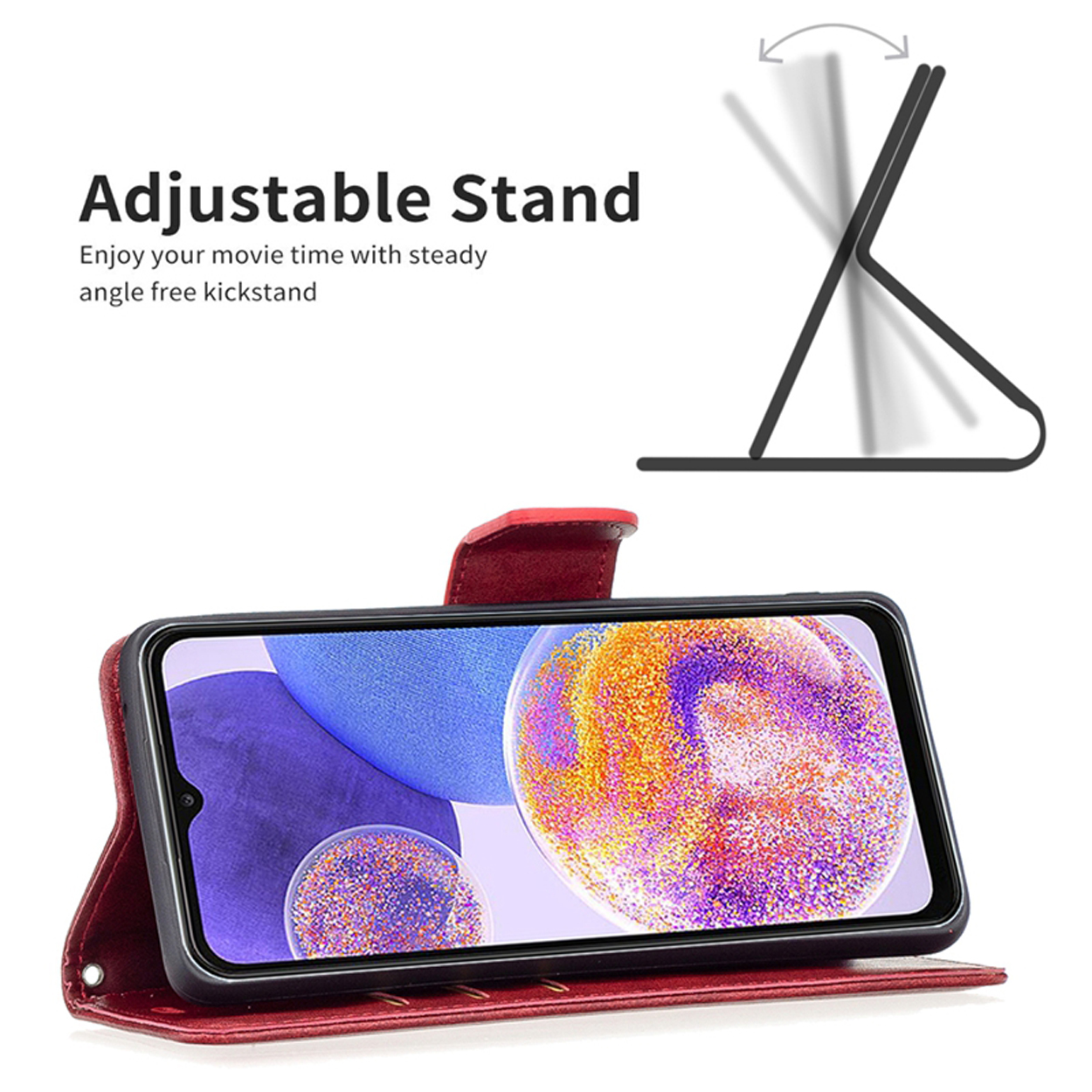 Rode telefoonhoes, open. Telefoon toont een scherm. Tekst zegt 'Verstelbare standaard' met een afbeelding.