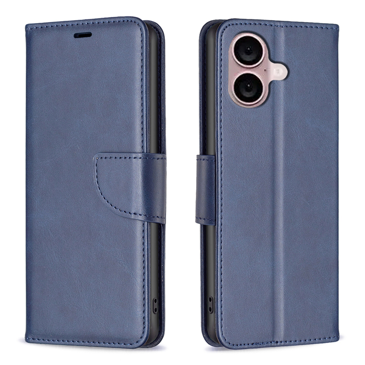 Blauwe telefoonhoes open en dicht, met de camera van de telefoon. Leren textuur met een knoopsluiting.