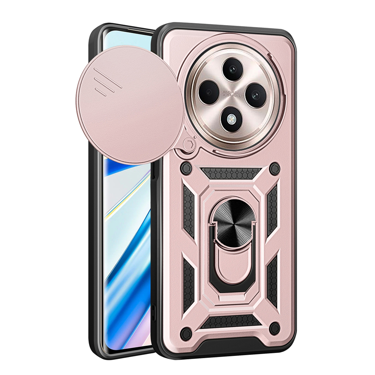 Telefoonhoesje. Roze telefoonhoesje met een schuifbare camerahoes en ringhouder.