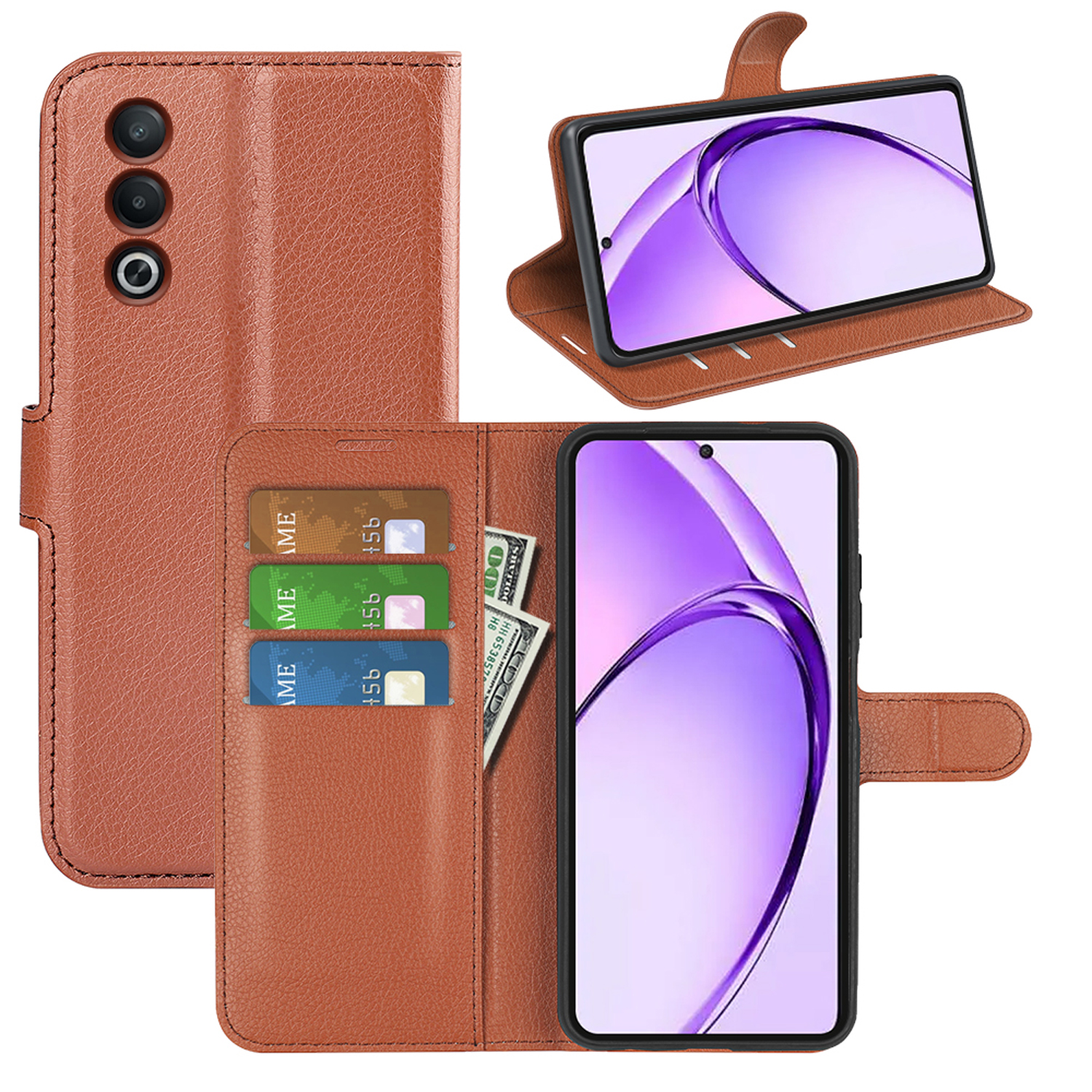 Bruine telefoonhoes, open en dicht, met telefoon, kaarten en geld.