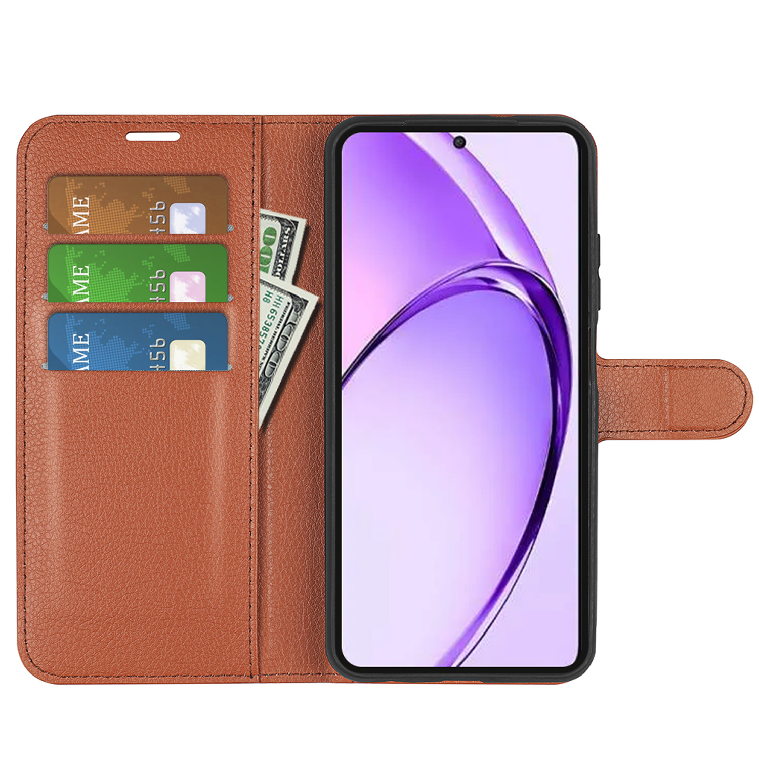 Bruine telefoonhoes met kaartsleuven en bankbiljet. Telefoon toont paarse werveling.