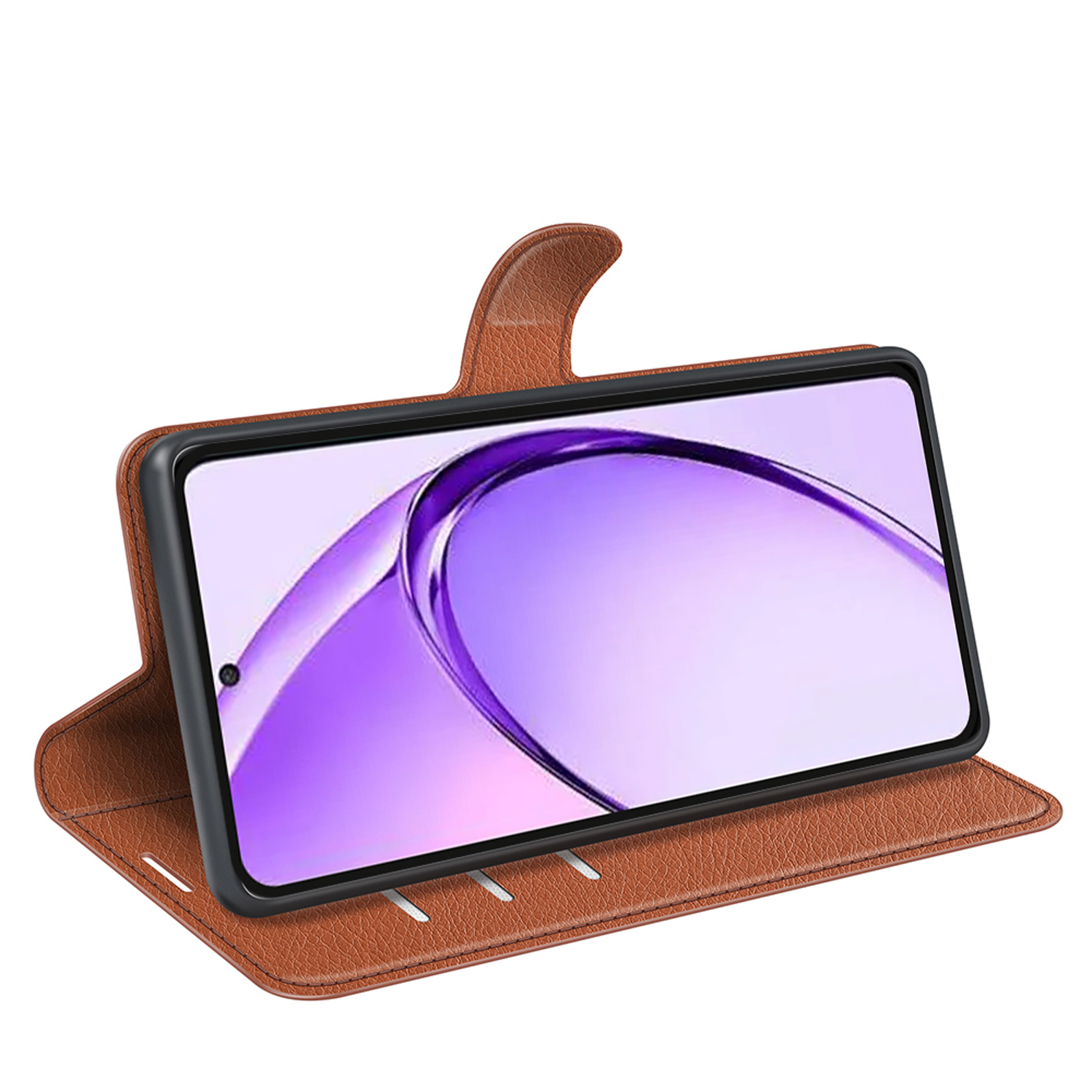 Bruine telefoonhoes, portemonnee-stijl, met een telefoon erin. Open weergave, op witte achtergrond.