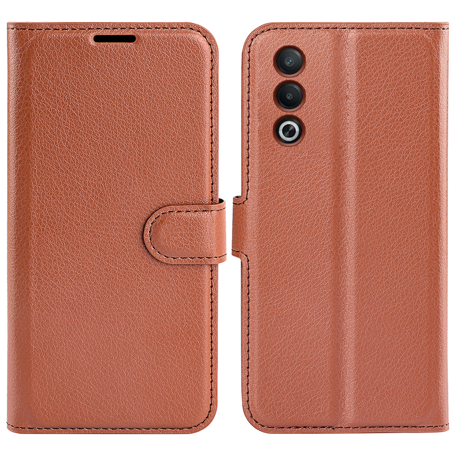 Bruine leren telefoonhoes. Het is links gesloten en rechts open met telefoon.