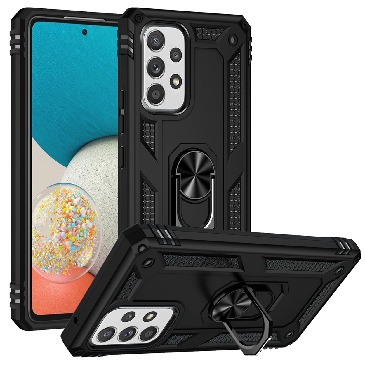 Zwarte telefoonhoes met een ringstandaard. De telefoon binnenin toont een kleurrijk patroon.