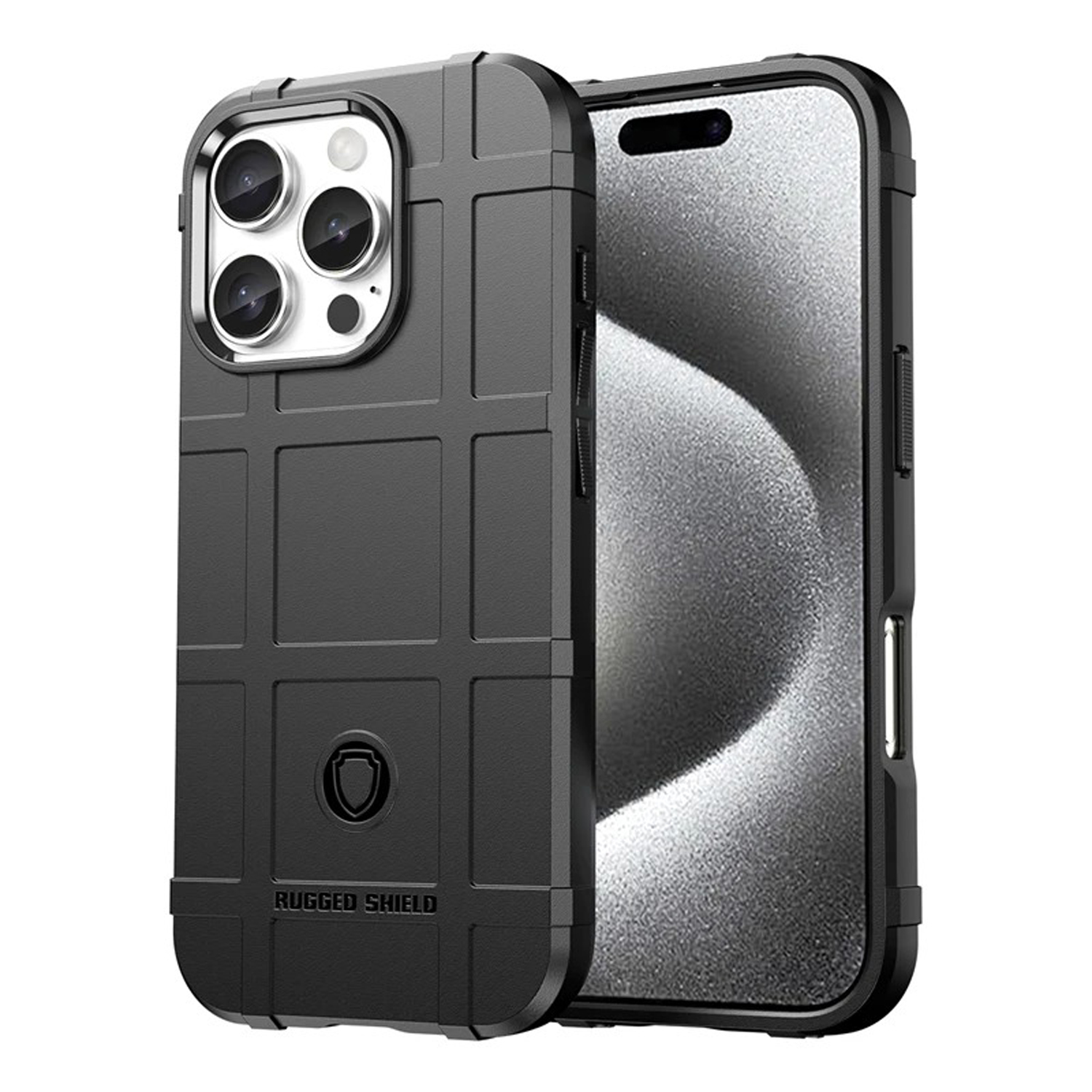 Een zwarte telefoonhoes. De hoes is getextureerd en heeft een vierkant ontwerp.
