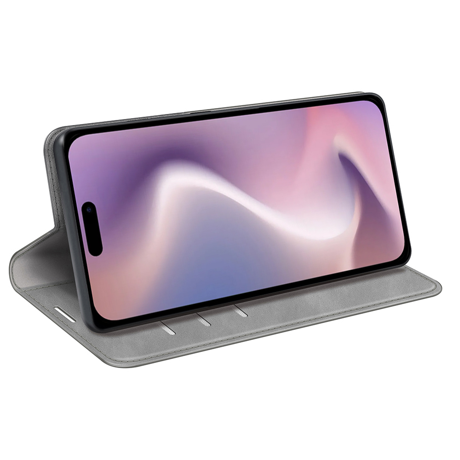 Téléphone dans un étui folio gris, écran affichant un dégradé violet et blanc flou.