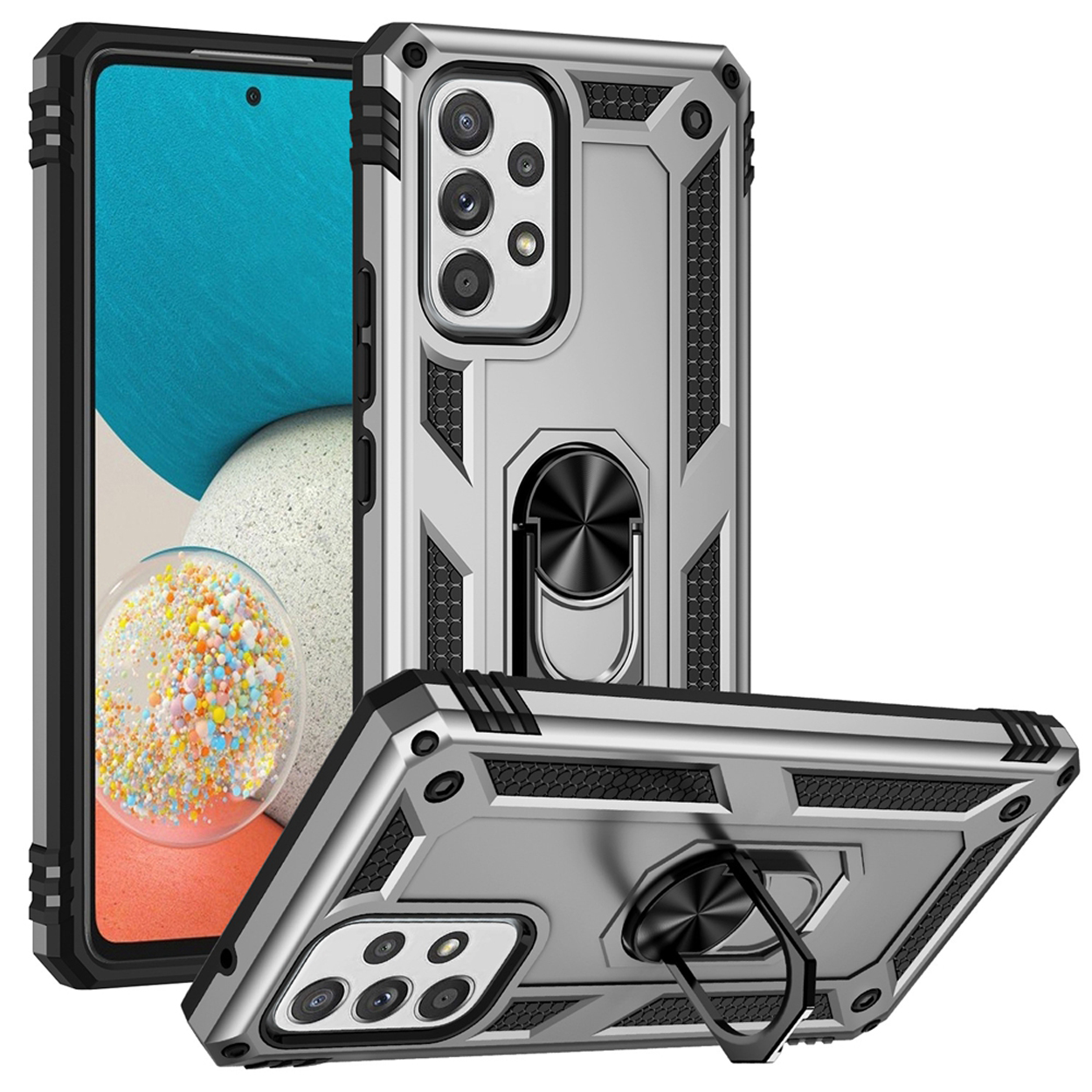 Zilveren telefoonhoes met ringstandaard, en een telefoon. Witte achtergrond.