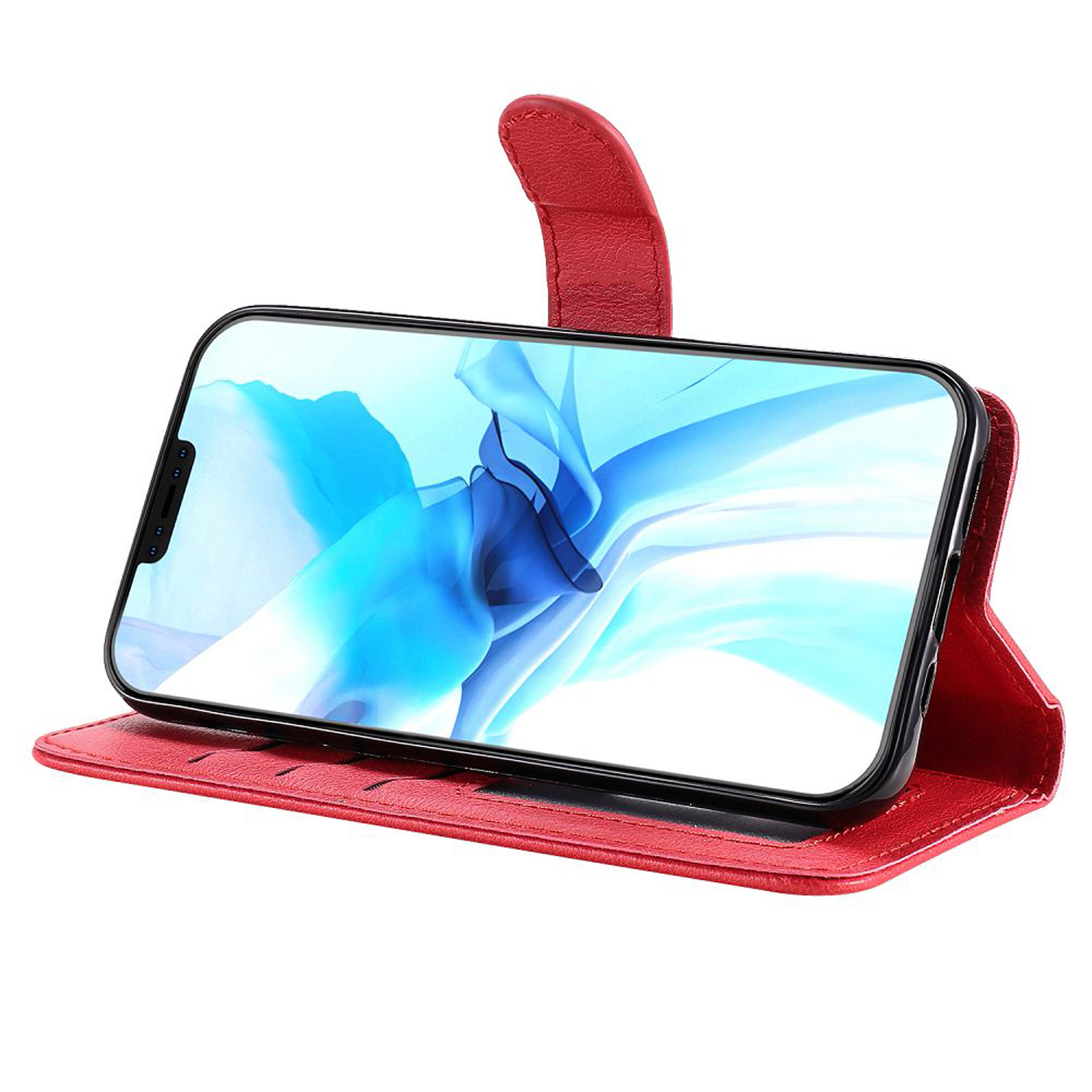 Rode telefoonhoes open. Telefoon zit erin, toont een blauw-witte afbeelding.