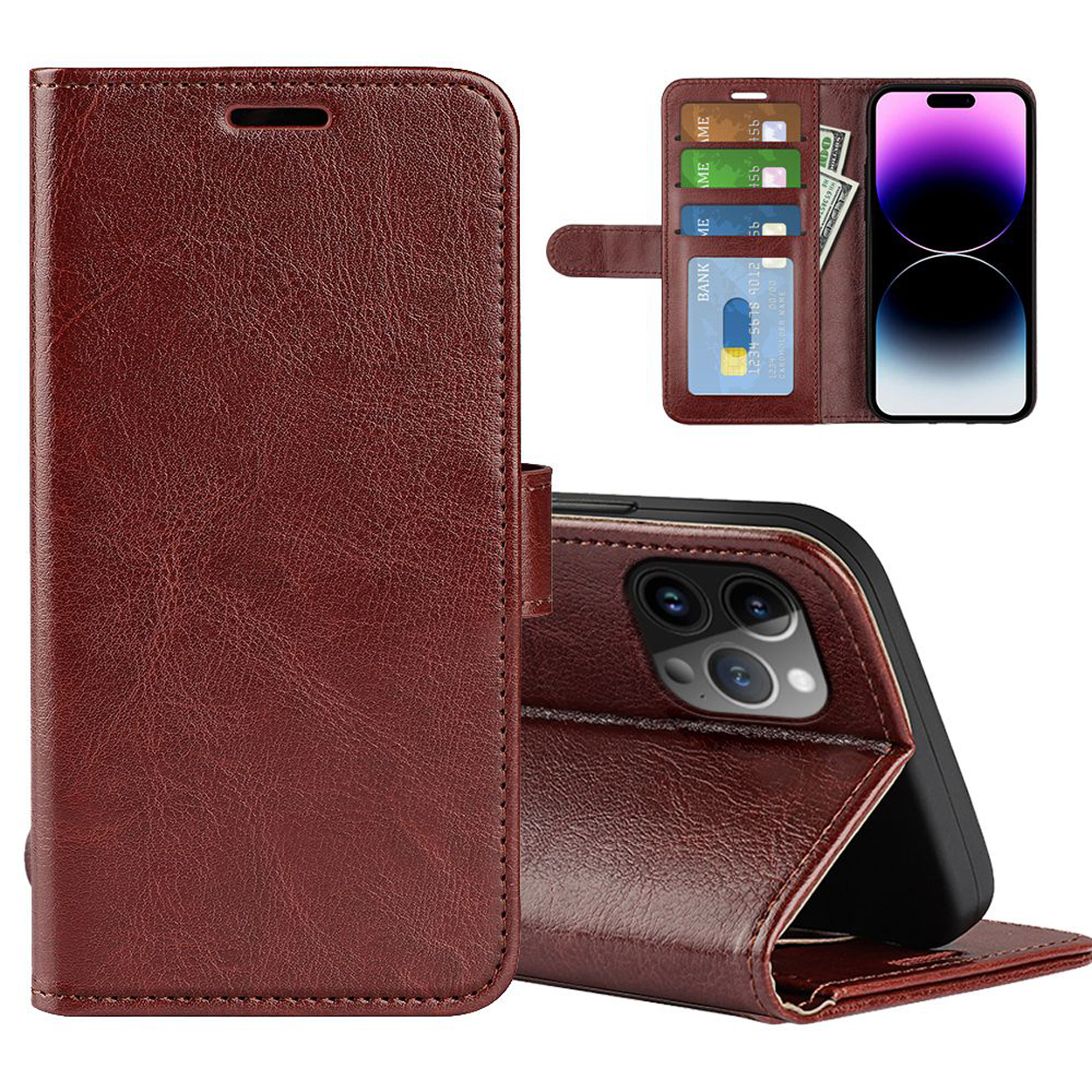 Téléphone dans un étui en cuir marron, ouvert, affichant téléphone, cartes et argent. Étui ouvert.
