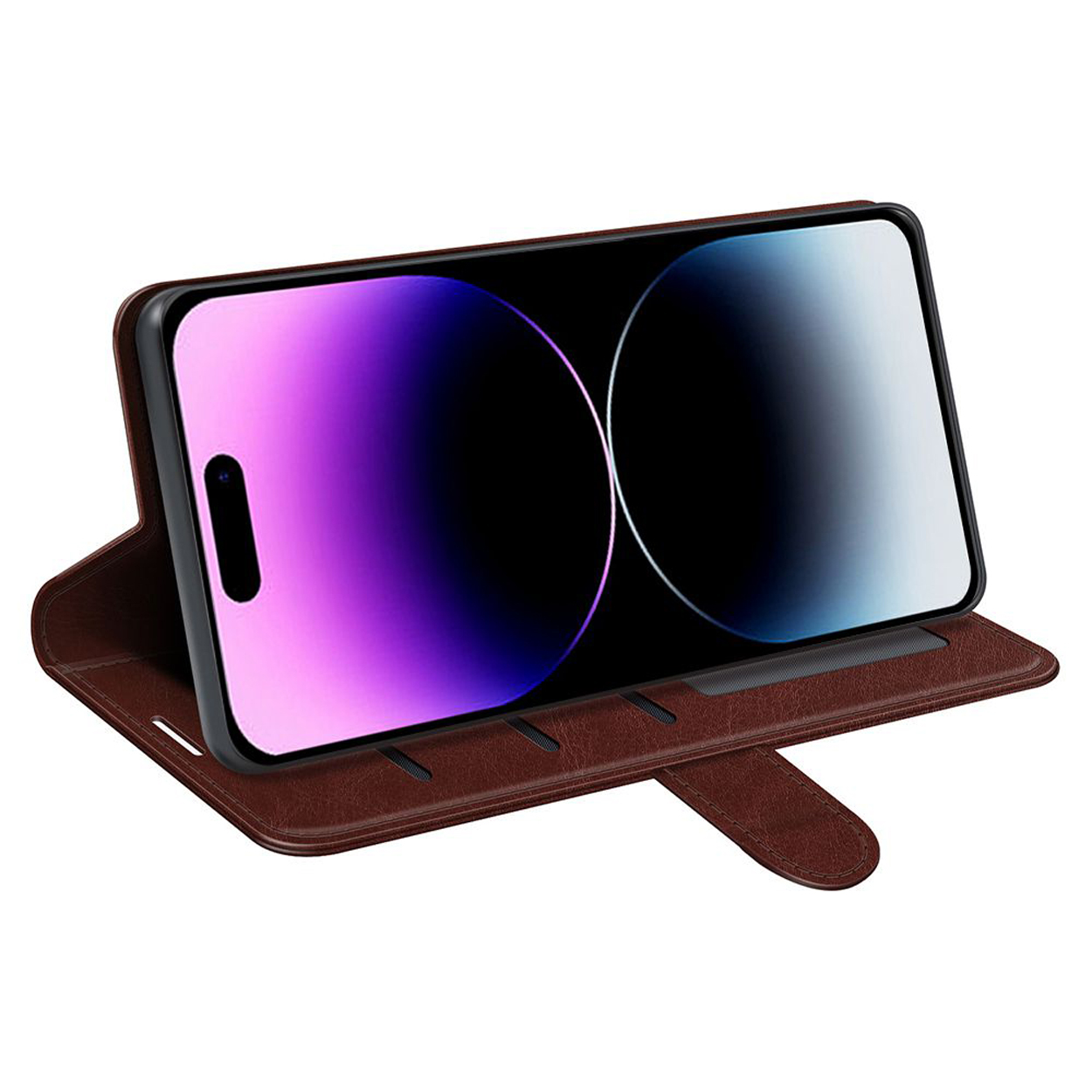 Un étui de téléphone marron est affiché ouvert avec un téléphone à l'intérieur. Le téléphone est en position de support.