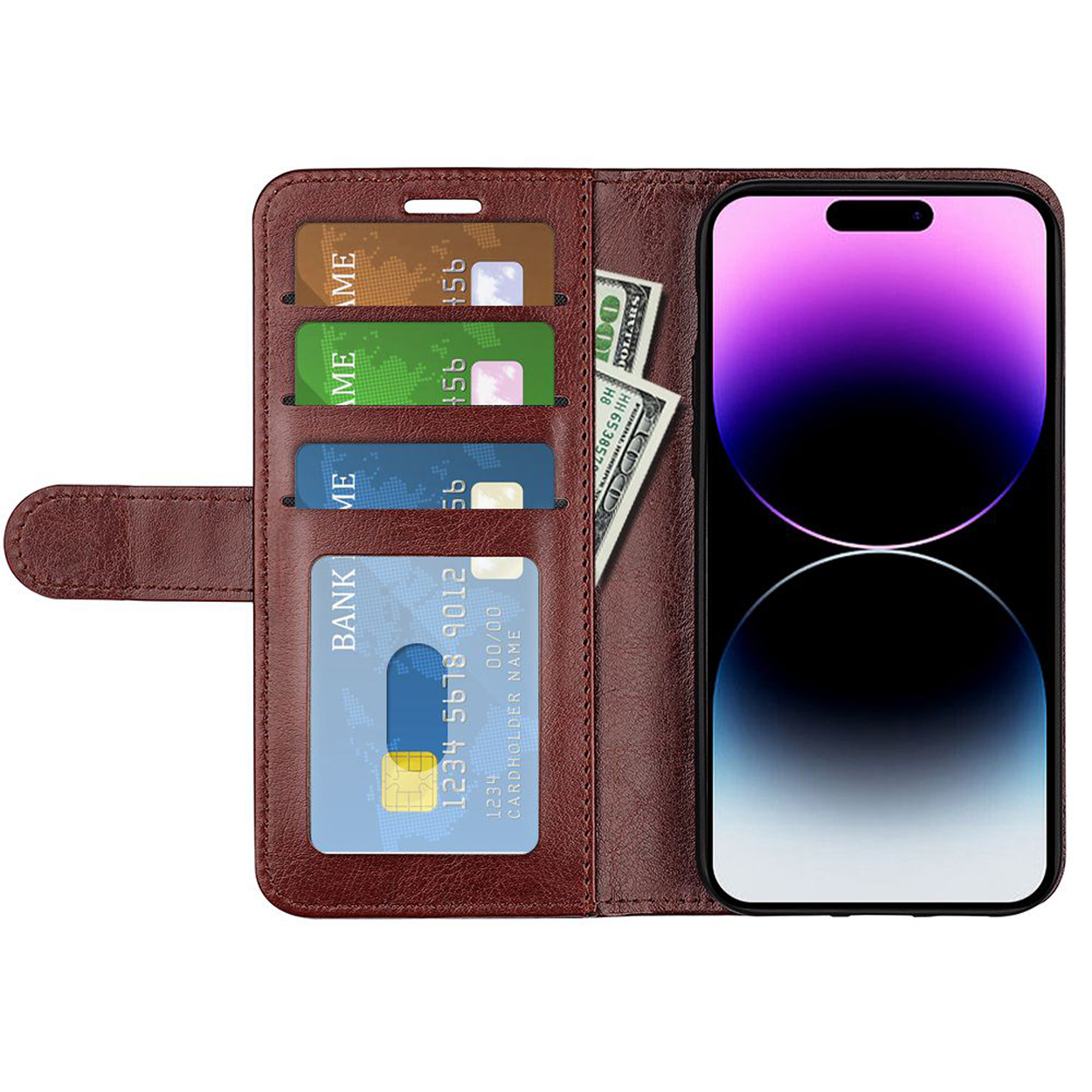 Étui portefeuille de téléphone ouvert avec cartes et argent. Un téléphone affiche un écran violet.