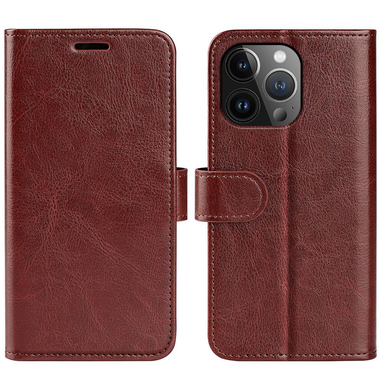 Étui de téléphone en cuir marron, fermé et ouvert montrant le téléphone.