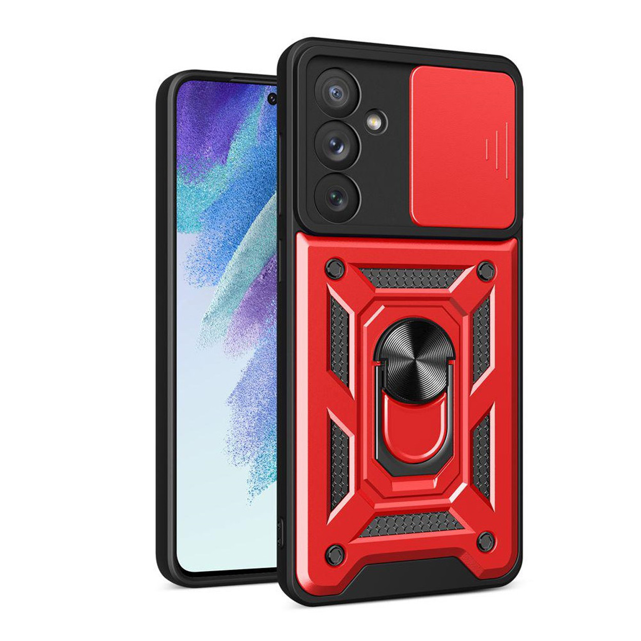 Rode en zwarte telefoonhoes met cameraschuif en ringhouder, op wit.