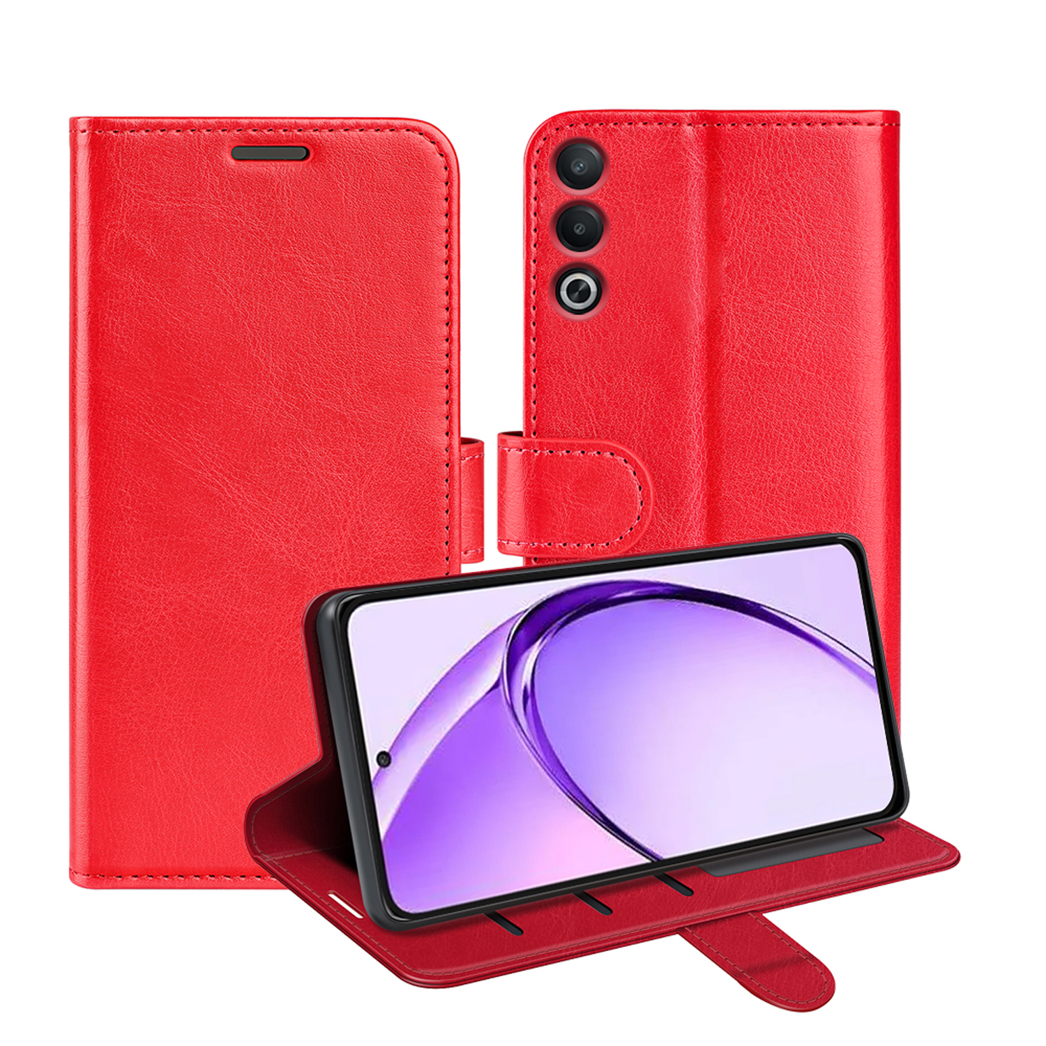 Rode telefoonhoes open, telefoon toont een paars en wit patroon.