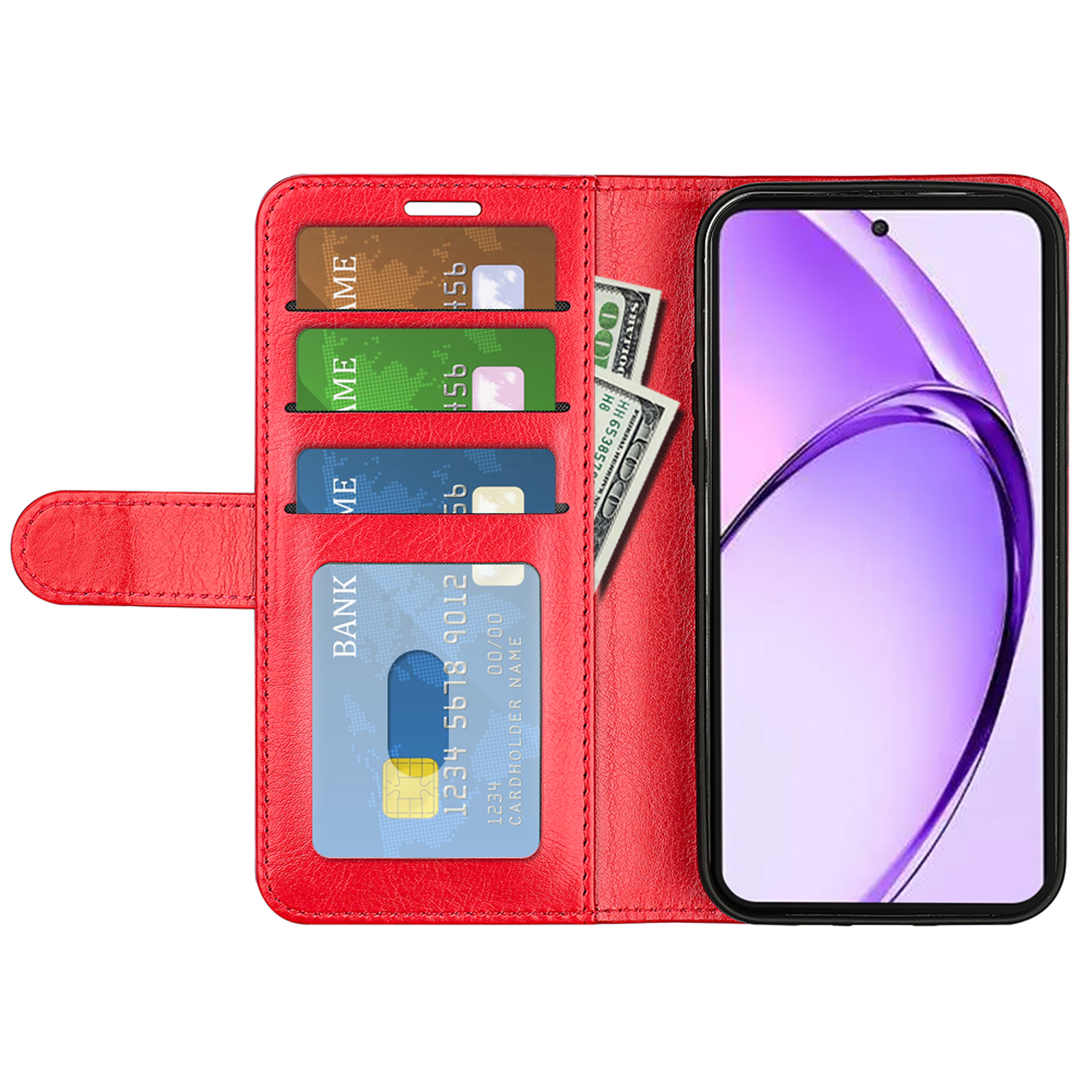 Rode telefoonhoes, open, met kaarten en contant geld. Een telefoon binnenin toont een paars scherm.