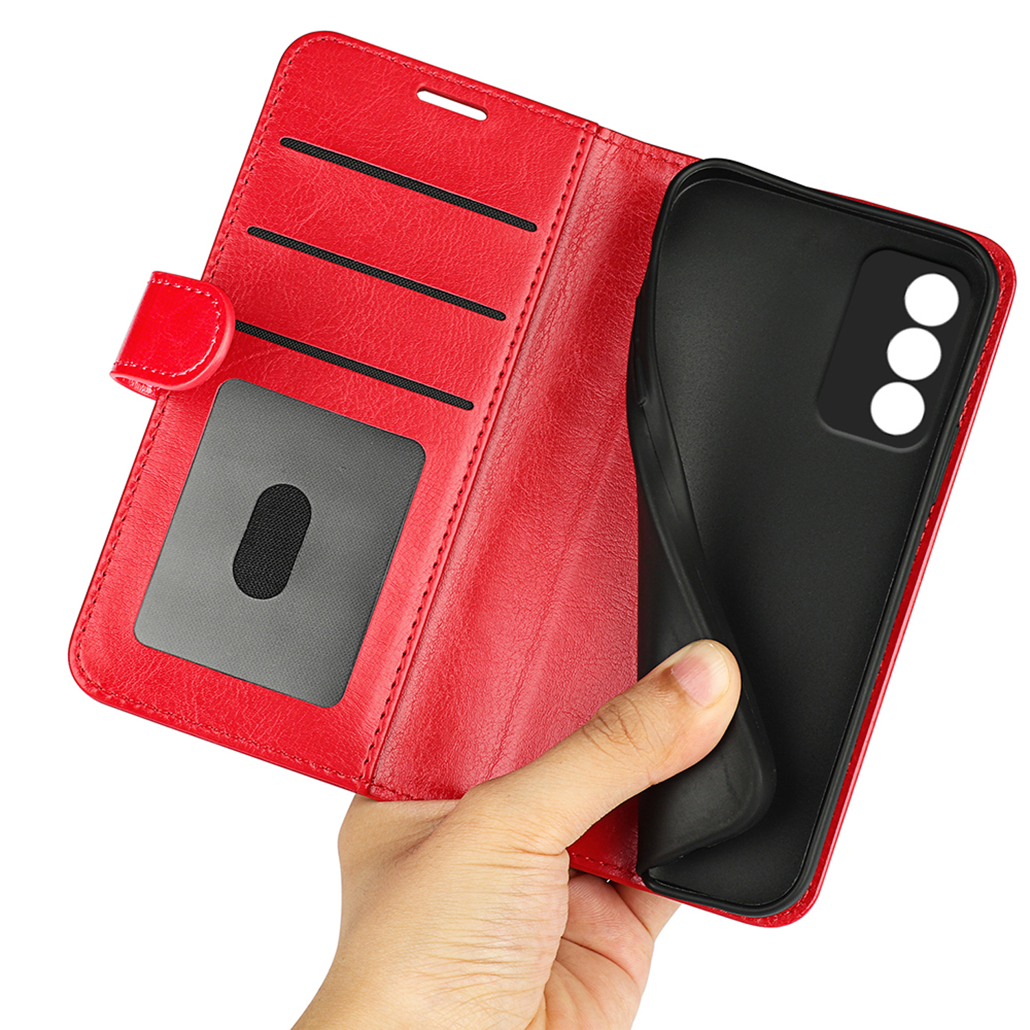 Rode telefoonhoes geopend, toont de telefoon en details, een hand houdt hem vast.