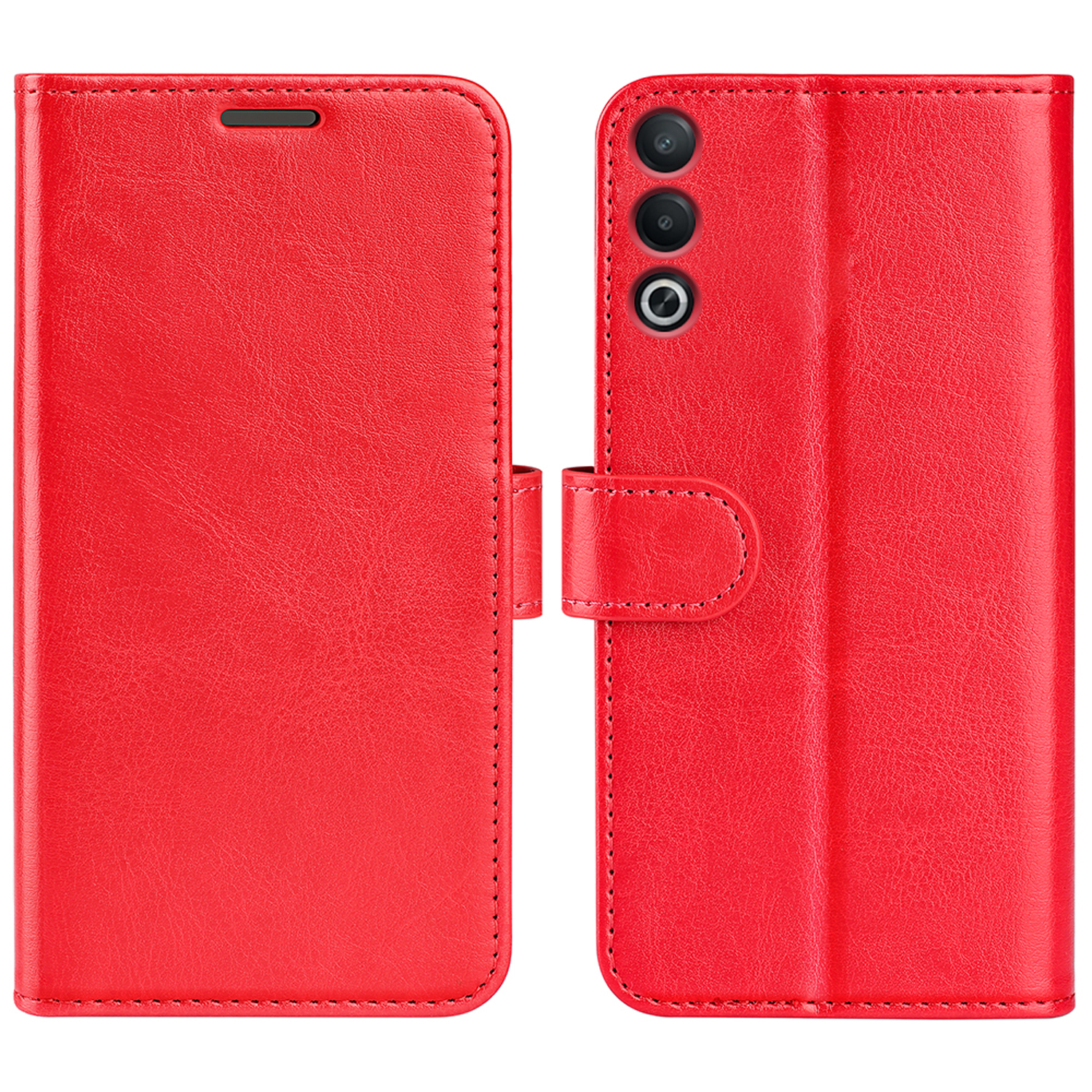 Rode leren telefoonhoes, gesloten en open, met stikseldetails.