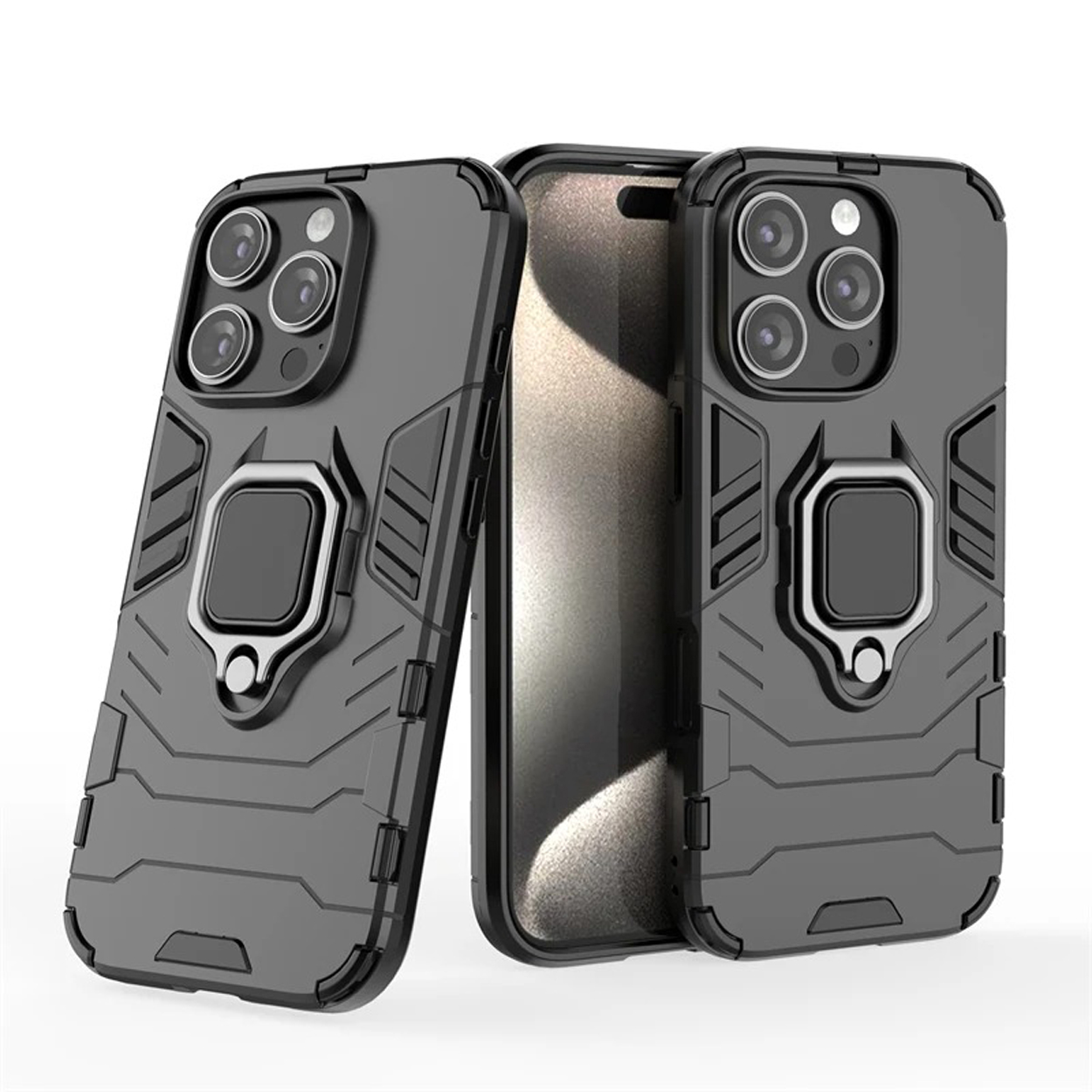 Twee grijze telefoonhoesjes met een ringhouder. Ze hebben een robuust ontwerp en staan op een witte achtergrond.