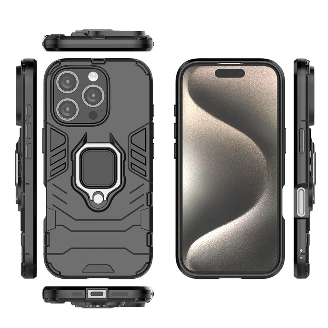 Zwarte telefoonhoes met metalen ring, schuine aanzichten tonen details.