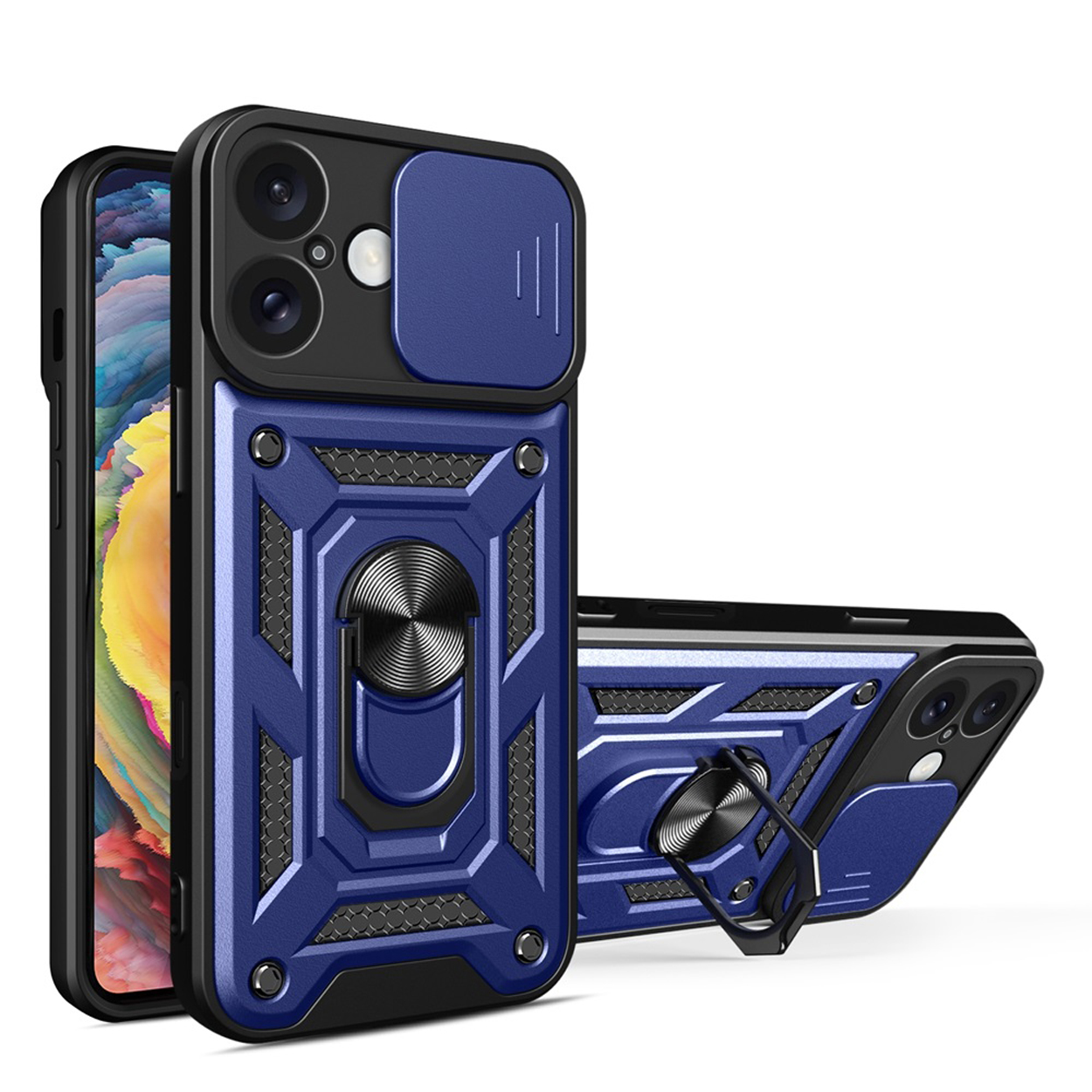 Blauwe telefoonhoes met een ringstandaard, met een telefoon erin. De telefoon heeft een zwart scherm.