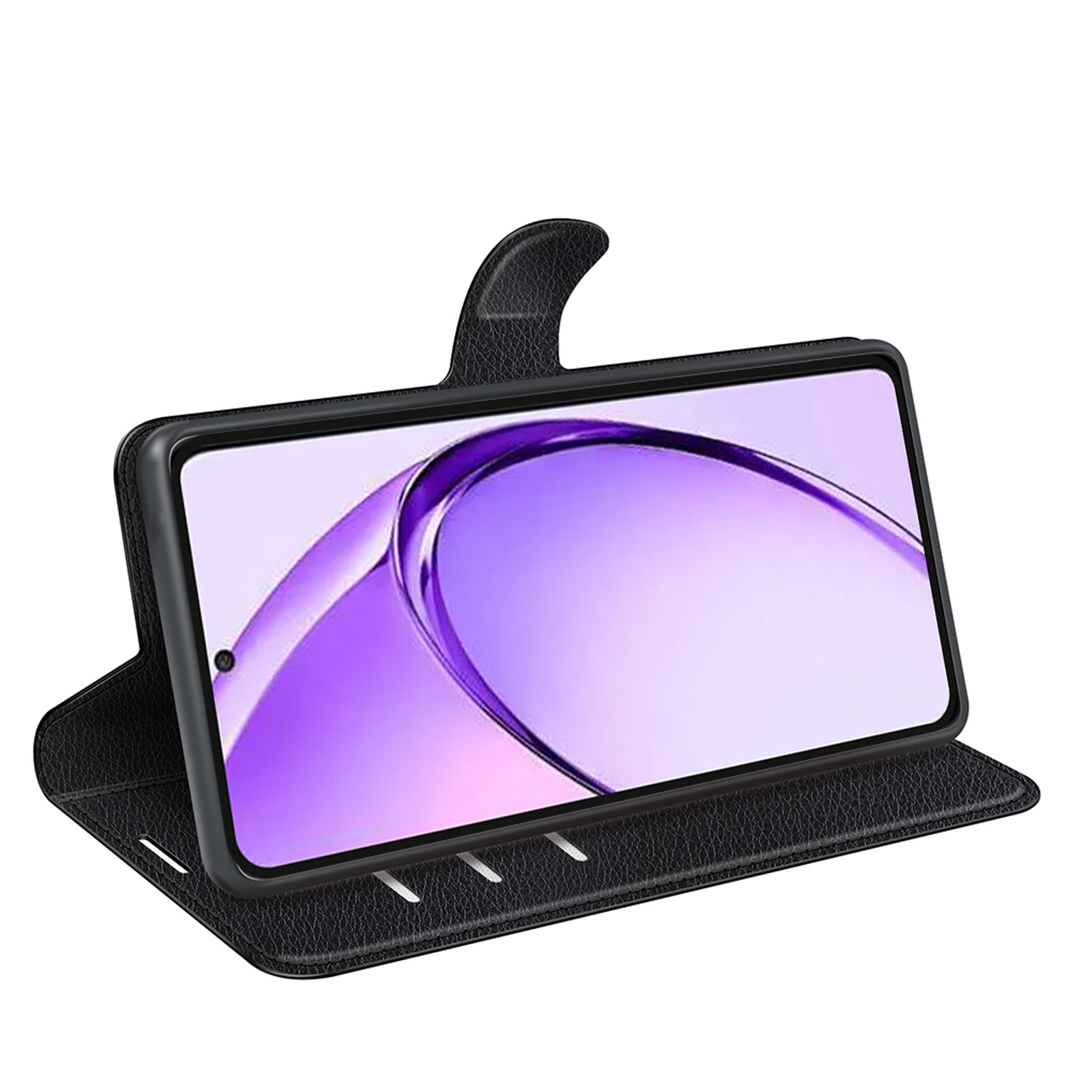 Een zwarte telefoonhoes wordt open weergegeven met een telefoon erin. De telefoon staat in een standpositie.