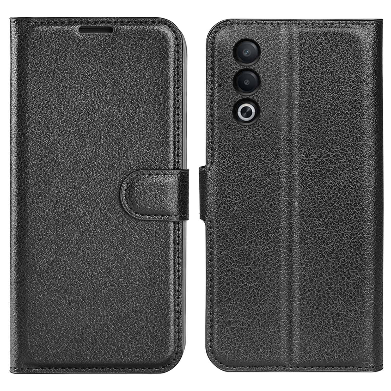 Een zwarte telefoonportemonnee gesloten. Het is een telefoonhoesje met een flap en een knoop.