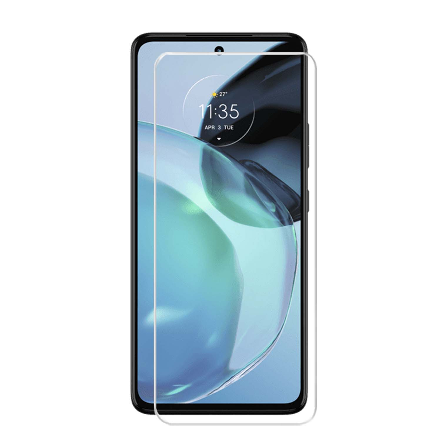 Telefoon met schermbeschermer. Toont tijd en datum.