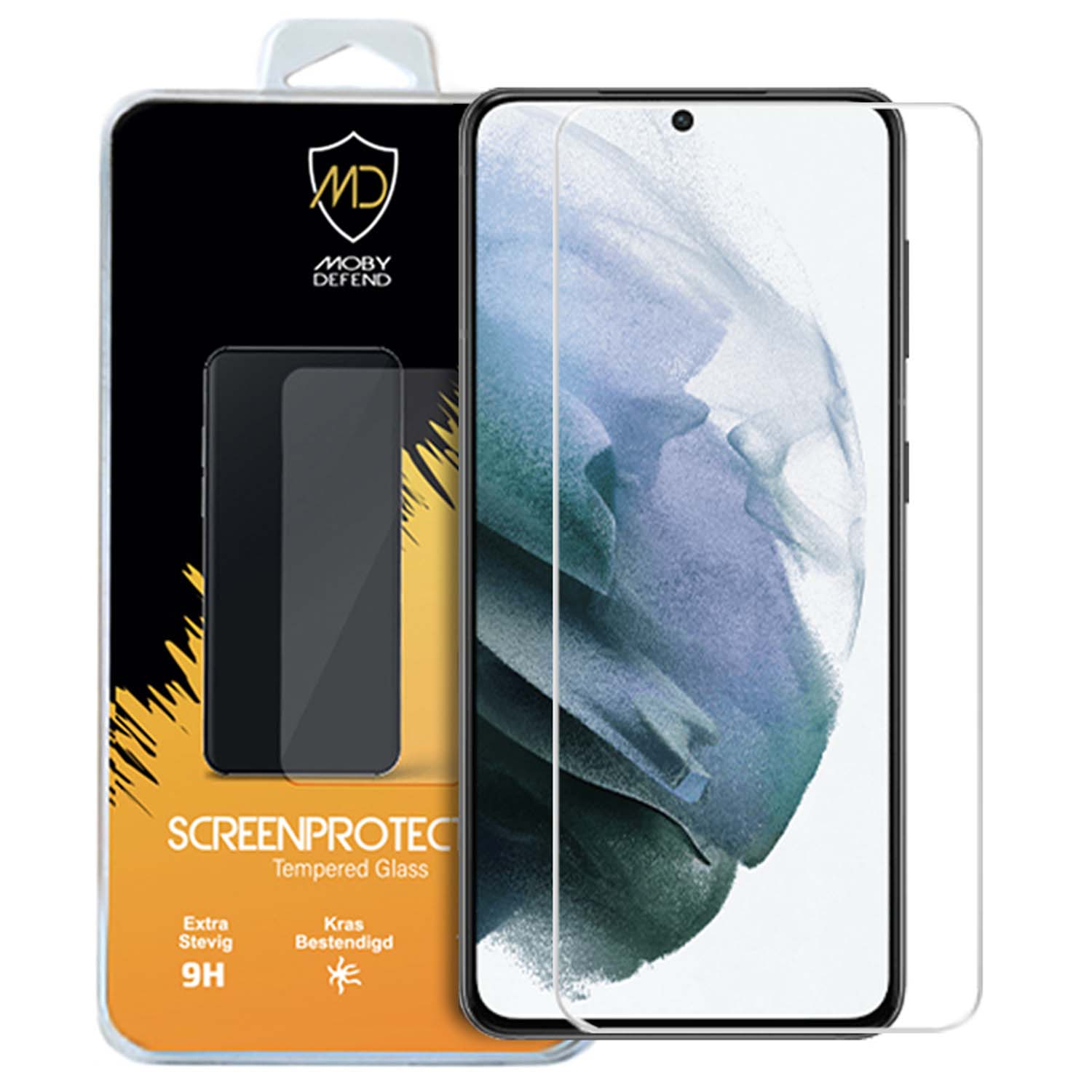 Een schermbeschermer met een telefoon en verpakking. De verpakking heeft de merknaam en productdetails.